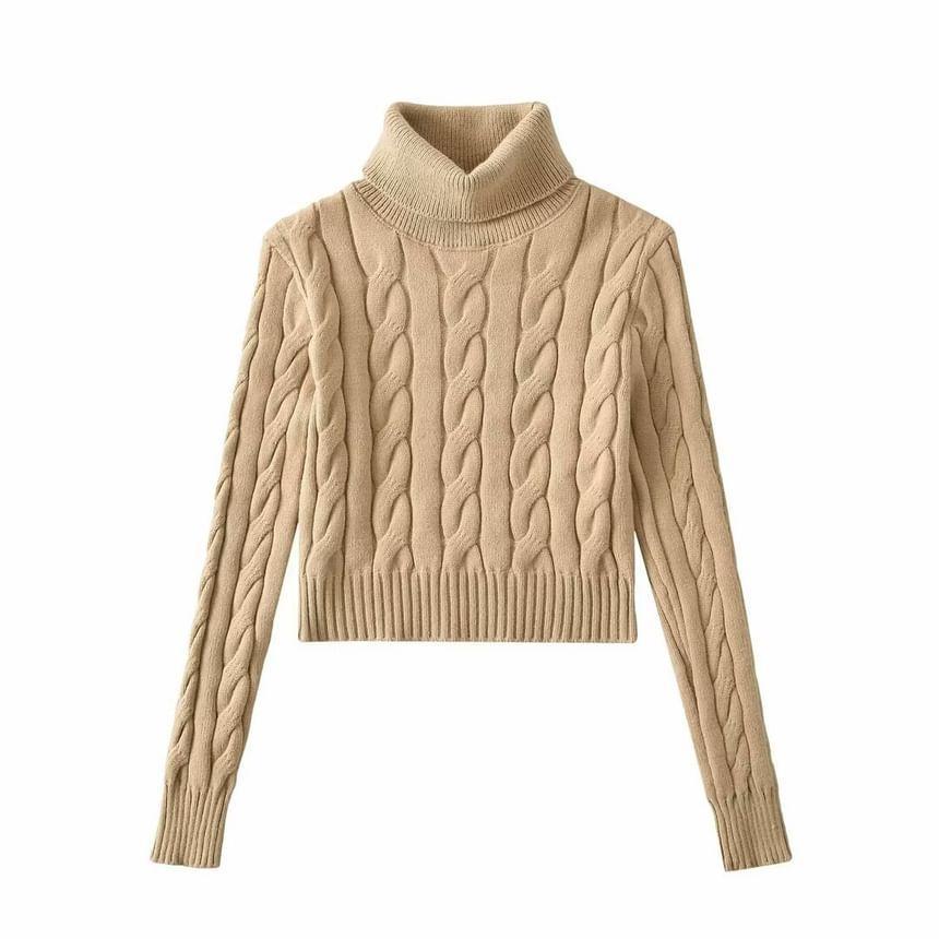 Turtleneck Cable Knit Plain Crop Sweater Product Image