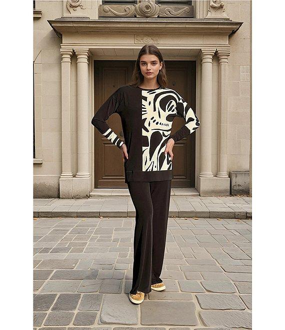 Eva Varro Abstract Print and Solid Combo Knit Jersey Boat Neck 3/4 Sleeve Tunic Product Image