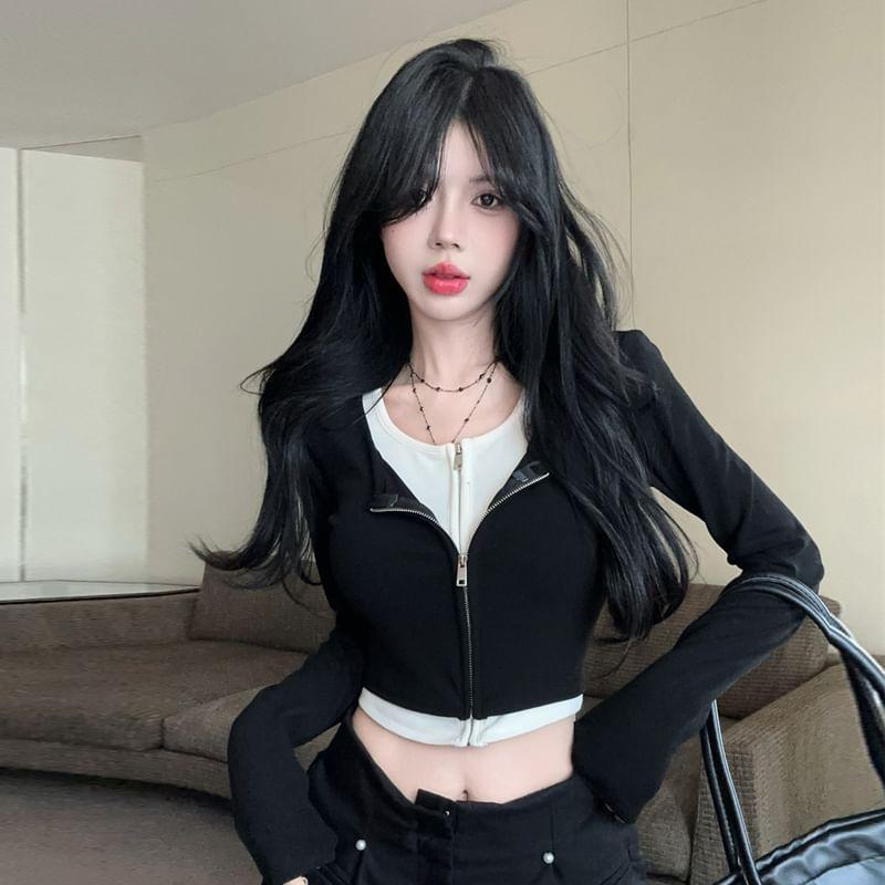 Mock Two-Piece Long-Sleeve Two Tone Zip-Up Crop Top Product Image