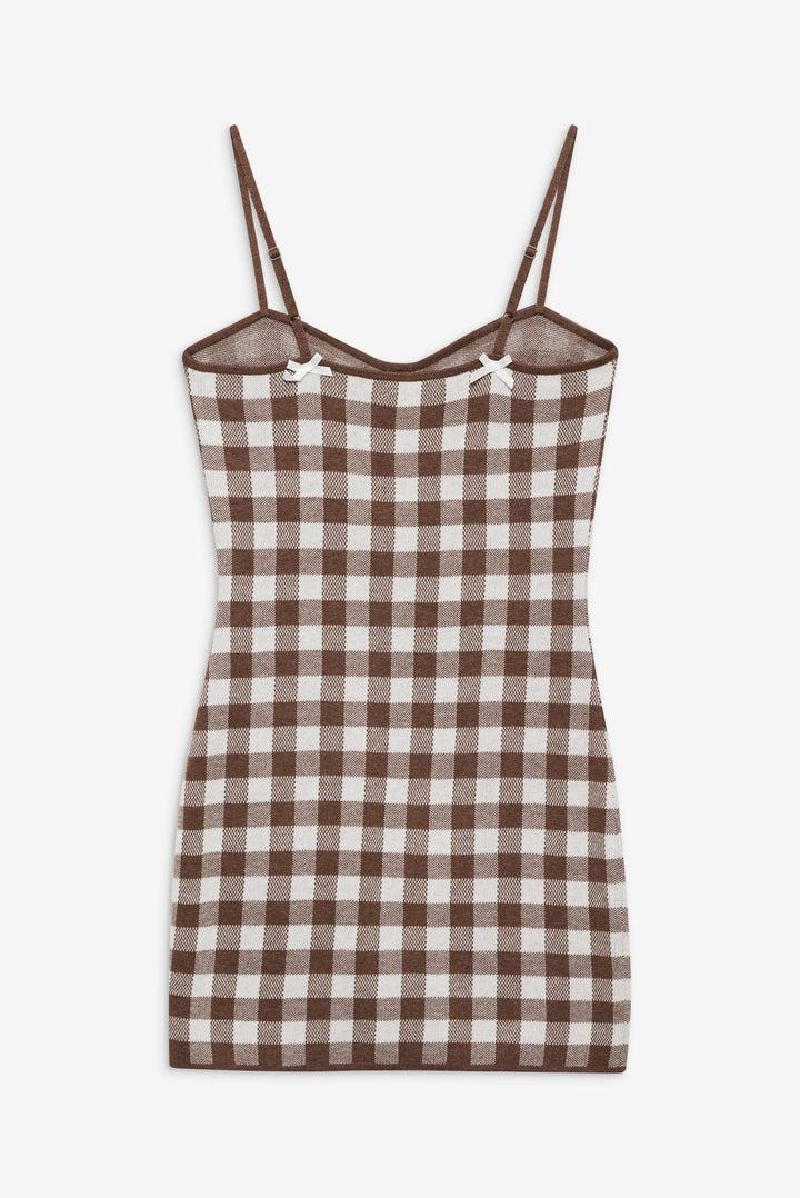 Gingham Knit Mini Dress — Neutral Product Image