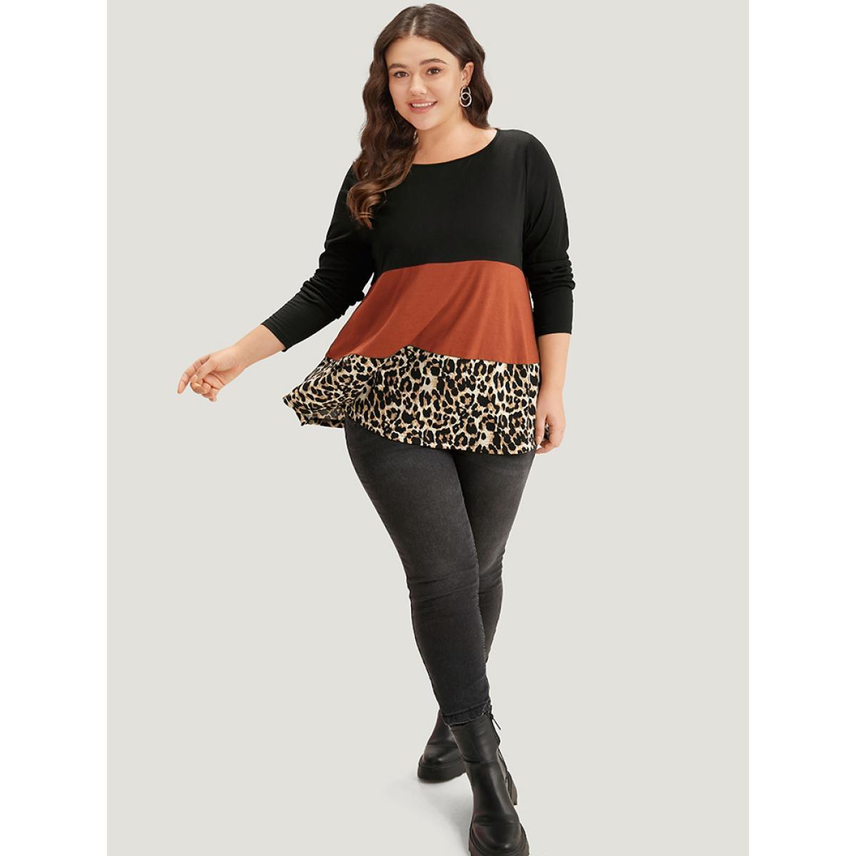 Plus Size Colorblock Leopard Contrast Round Neck T-shirt Chocolate Women Casual Contrast Leopard Round Neck Everyday T-shirts BloomChic 30/6X Product Image