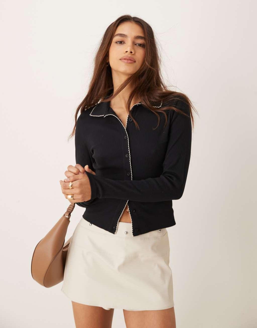 Miss Selfridge blanket stitch collar detail long sleeve top in black Product Image