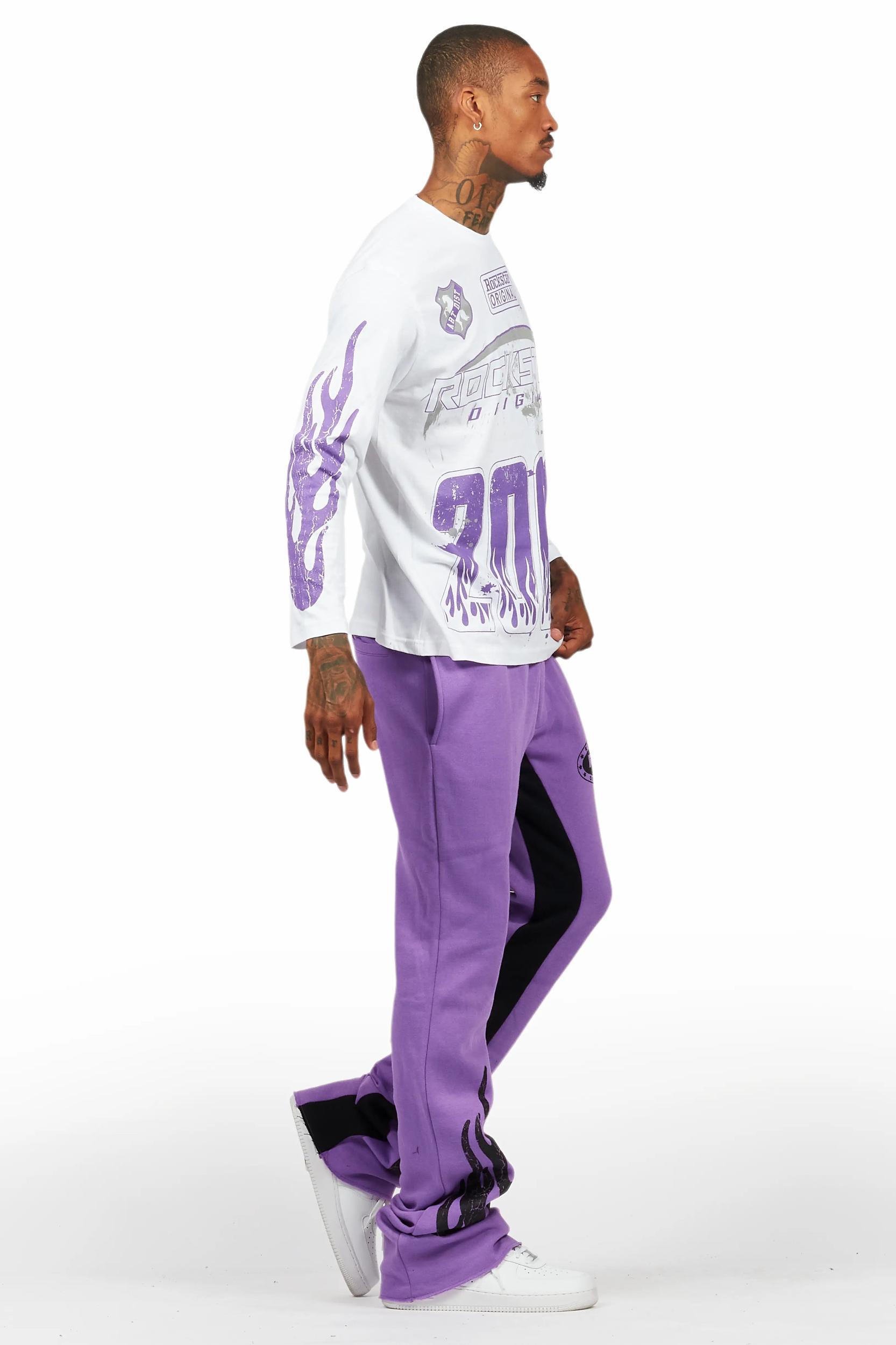 Amos Purple/White Long Sleeve T-Shirt/Stacked Baggy Pant Set Male Product Image