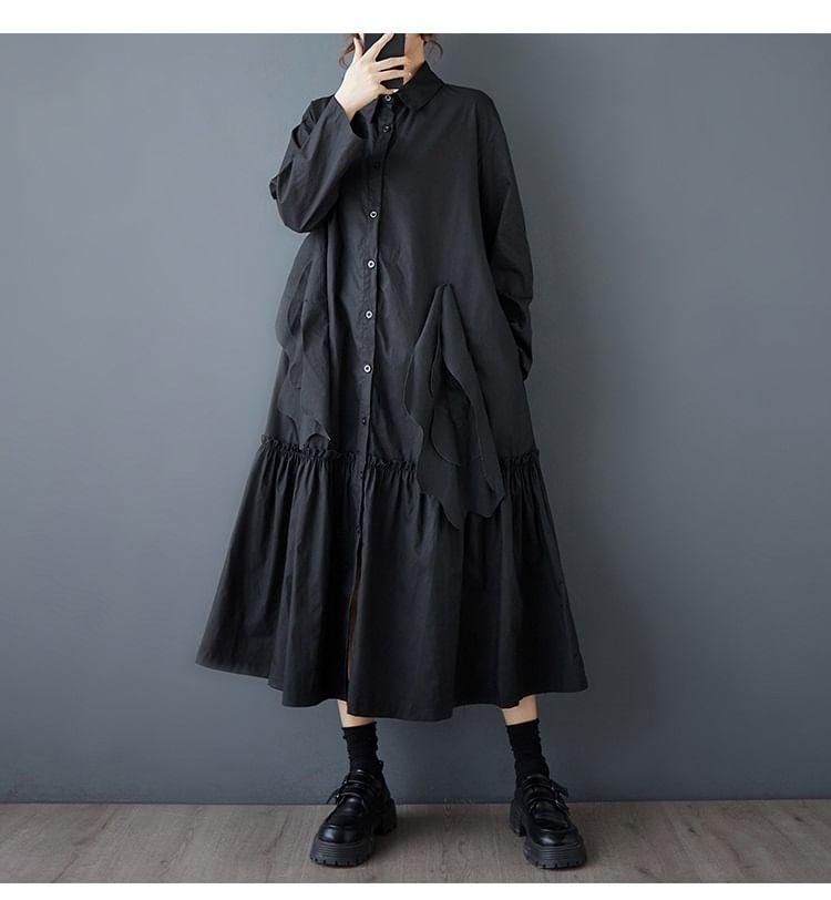 Long Sleeve Collared Plain Panel Gathered Midi A-Line Shirt Dress Product Image