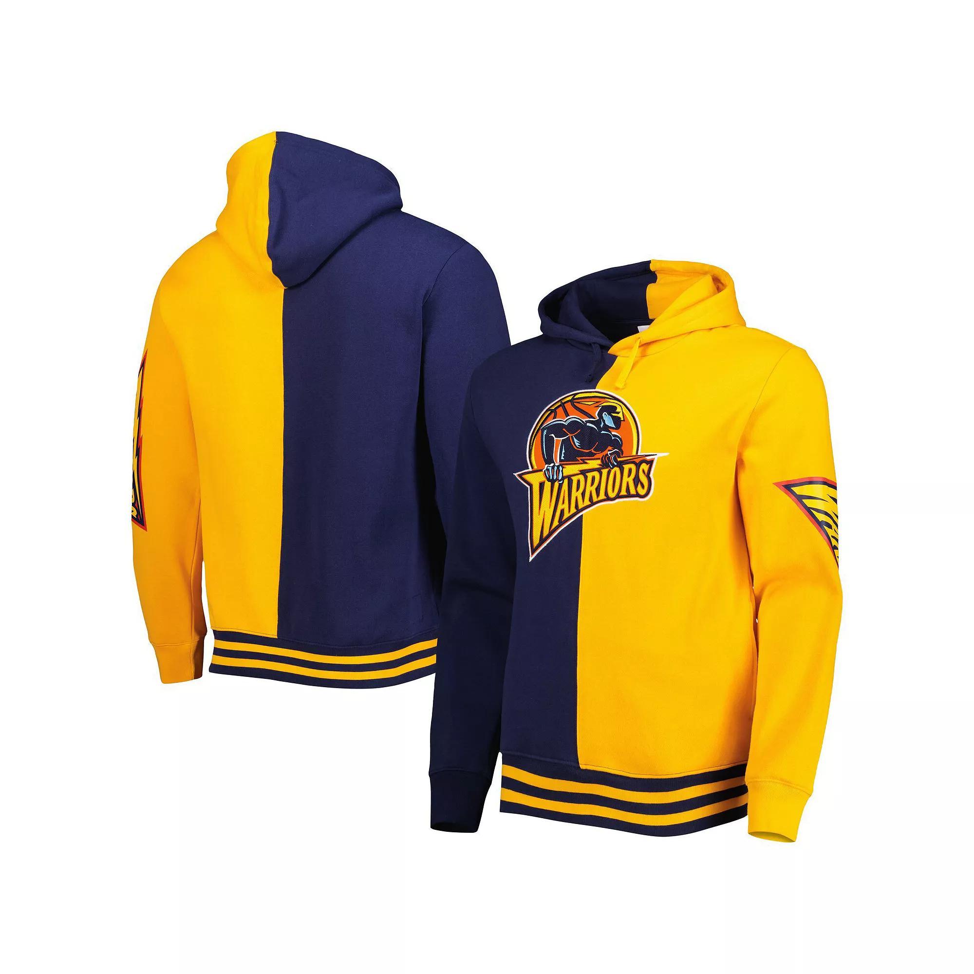 Mens Mitchell & Ness /Gold Golden State Warriors Hardwood Classics Split Pullover Hoodie Blue Product Image