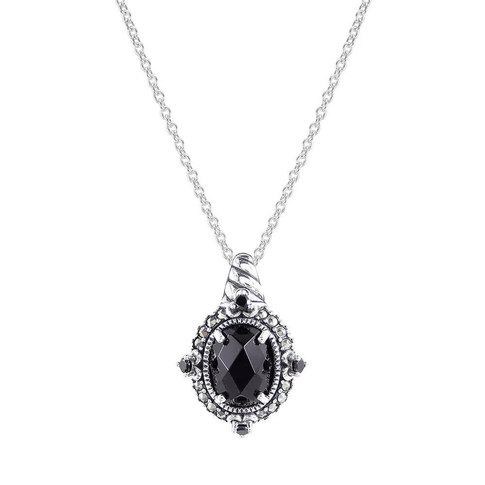 Lavish by TJM Sterling Silver Onyx & Marcasite Oval Halo Pendant Necklace, Women's, Size: 18" Product Image