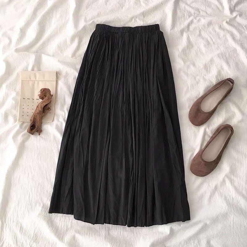 High Waist Plain Crinkle Midi A-Line Skirt Product Image