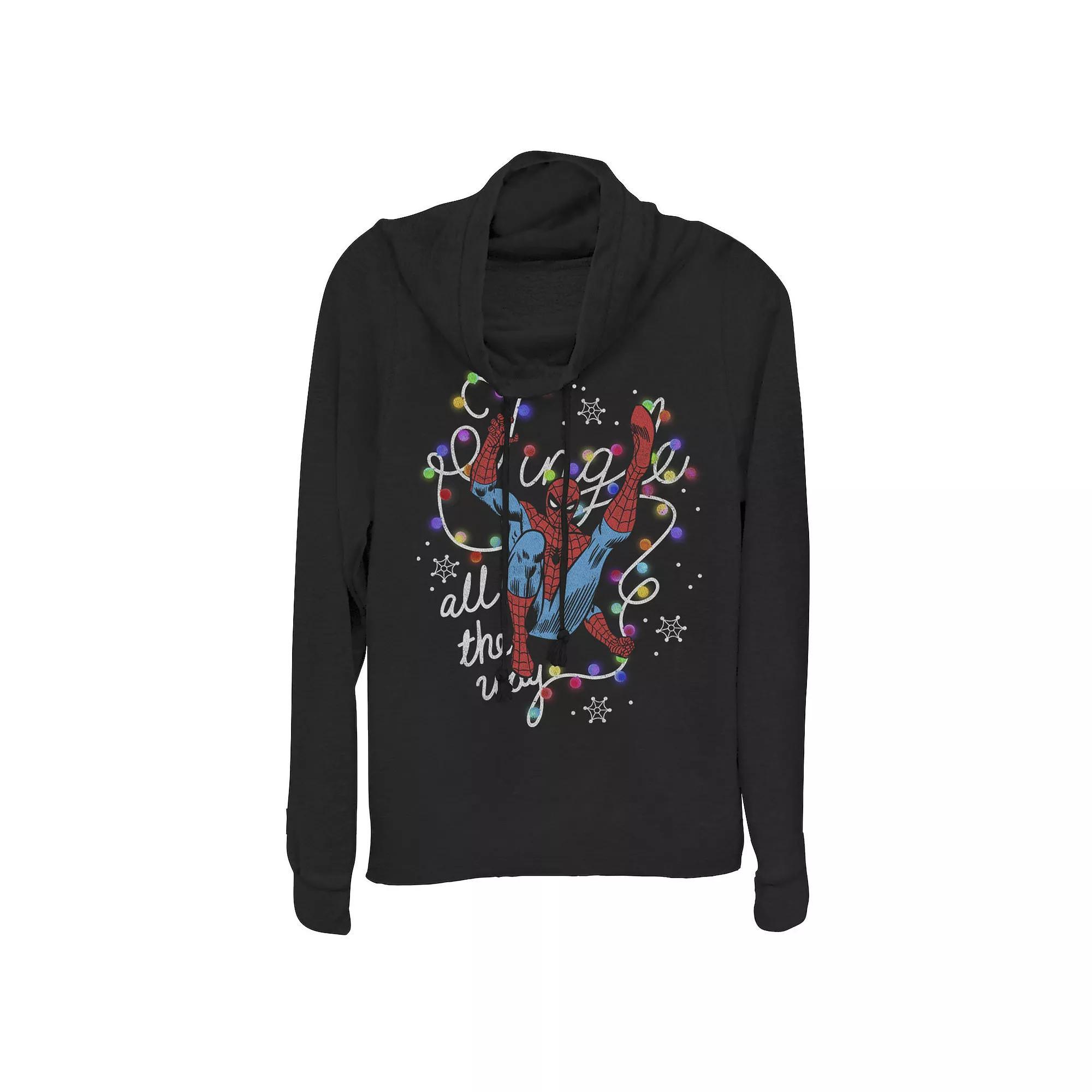 Juniors' Marvel Christmas Spider-Man Jingle All The Way Action Pose Cowlneck Graphic Lightweight Long Sleeve, Girl's, Size: Large, Black Product Image
