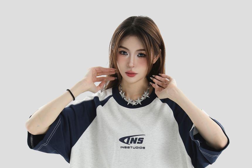 Couple Matching Short-Sleeve Crew Neck Lettering Raglan T-Shirt Product Image