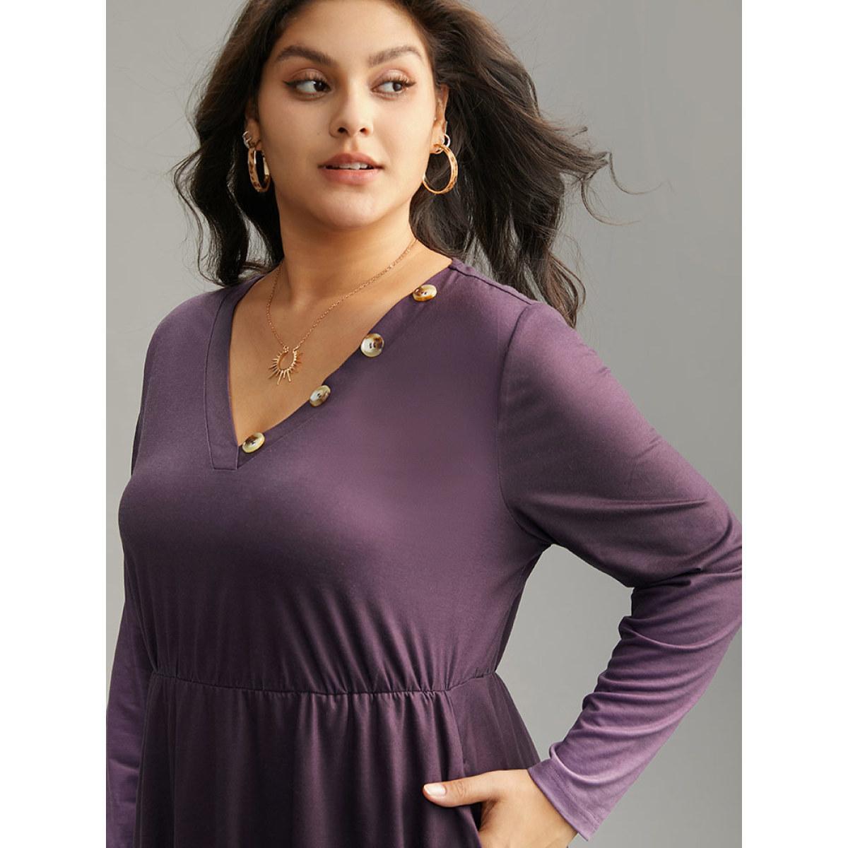 Plus Size Tie Dye Button Detail Pocket Elastic Waist Dress Purple Women Casual Tie Dye V-neck Long Sleeve Curvy Midi Dress BloomChic 14-16/1X Product Image