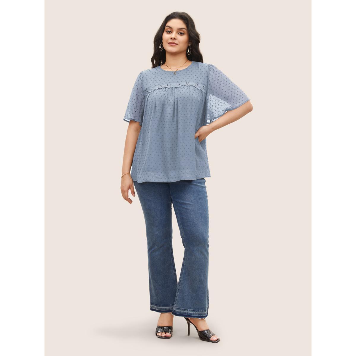 Plus Size LightBlue Solid Texture Lace Trim See Through Gathered Blouse Women Elegant Short sleeve Round Neck Everyday Blouses BloomChic 10/M Product Image