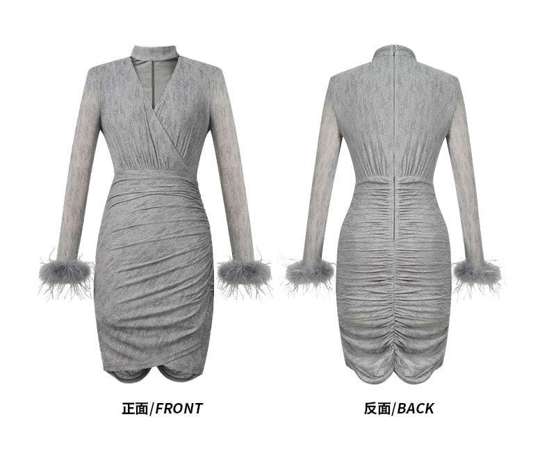 Long-Sleeve Halter Melange Asymmetrical Fluffy Trim Mini Sheath Dress Product Image