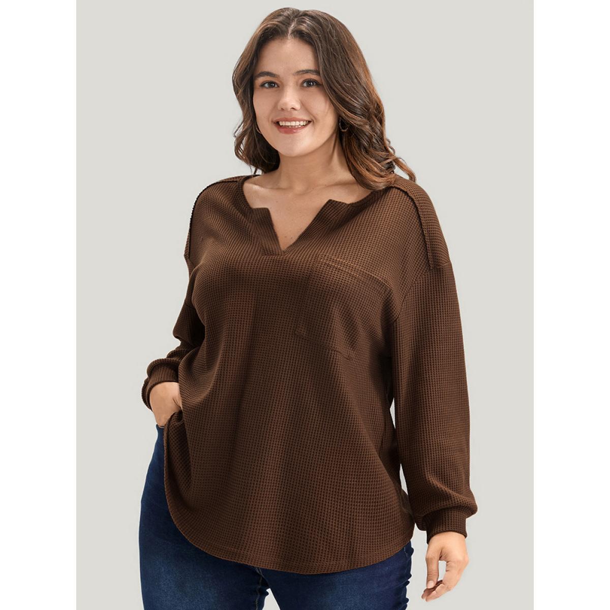 Plus Size Solid Pocket Notched Waffle Knit Sweatshirt Women DarkBrown Elegant Pocket V-neck Dailywear Sweatshirts BloomChic 22-24/3X Product Image