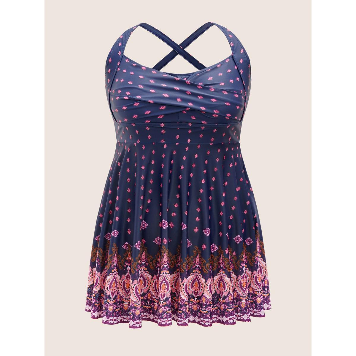Plus Size Boho Print Very Stretchy Crossover Swim Dress Women's Swimwear DarkBlue Beach Bodycon Heart neckline No stretch Curve Swim Dresses BloomChic 28/5X Product Image