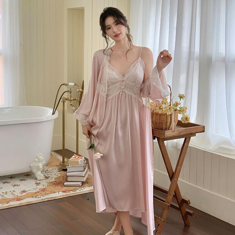 Pajama Set: Plain Lace Trim Robe + Spaghetti Strap Night Dress Product Image