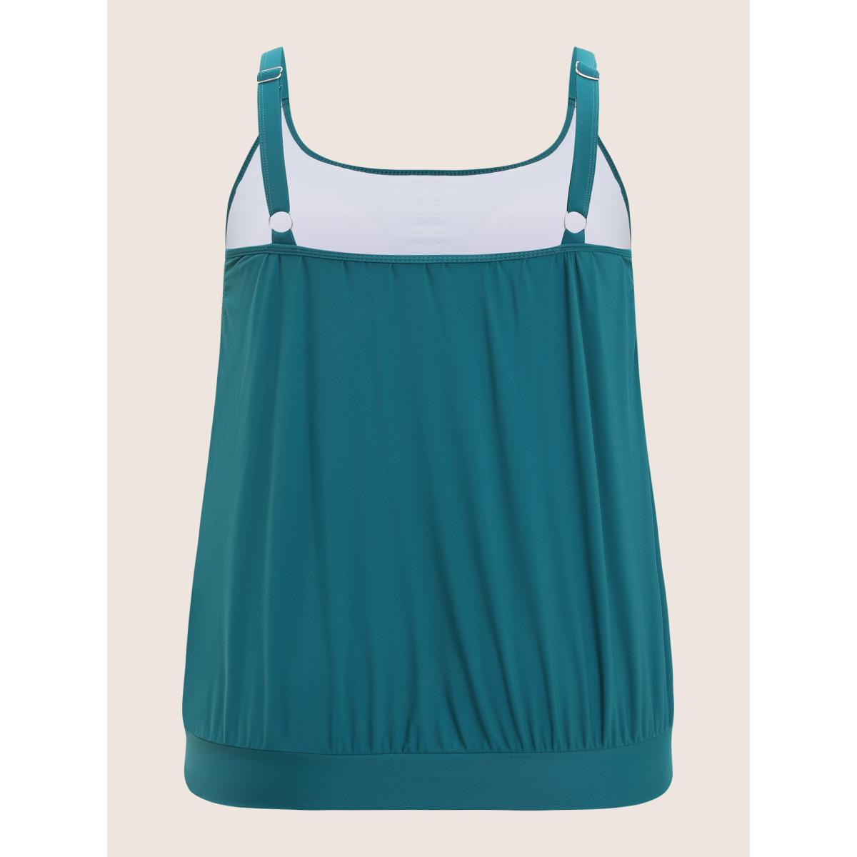 Plus Size Bandana Patchwork Contrast Gathered Cut Out Tankini Top Women's Swimwear Teal Beach Non High stretch U-neck Curve Swim Tops BloomChic 18-20/2X Product Image