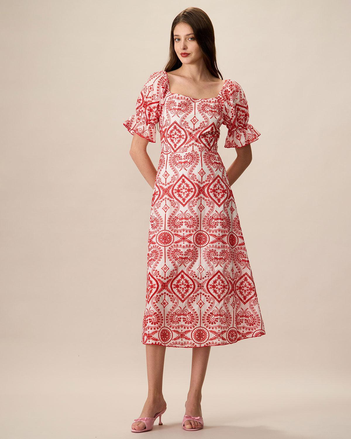 Women's Geometric Embroidery Ruffle Cotton Midi Dress Female Product Image