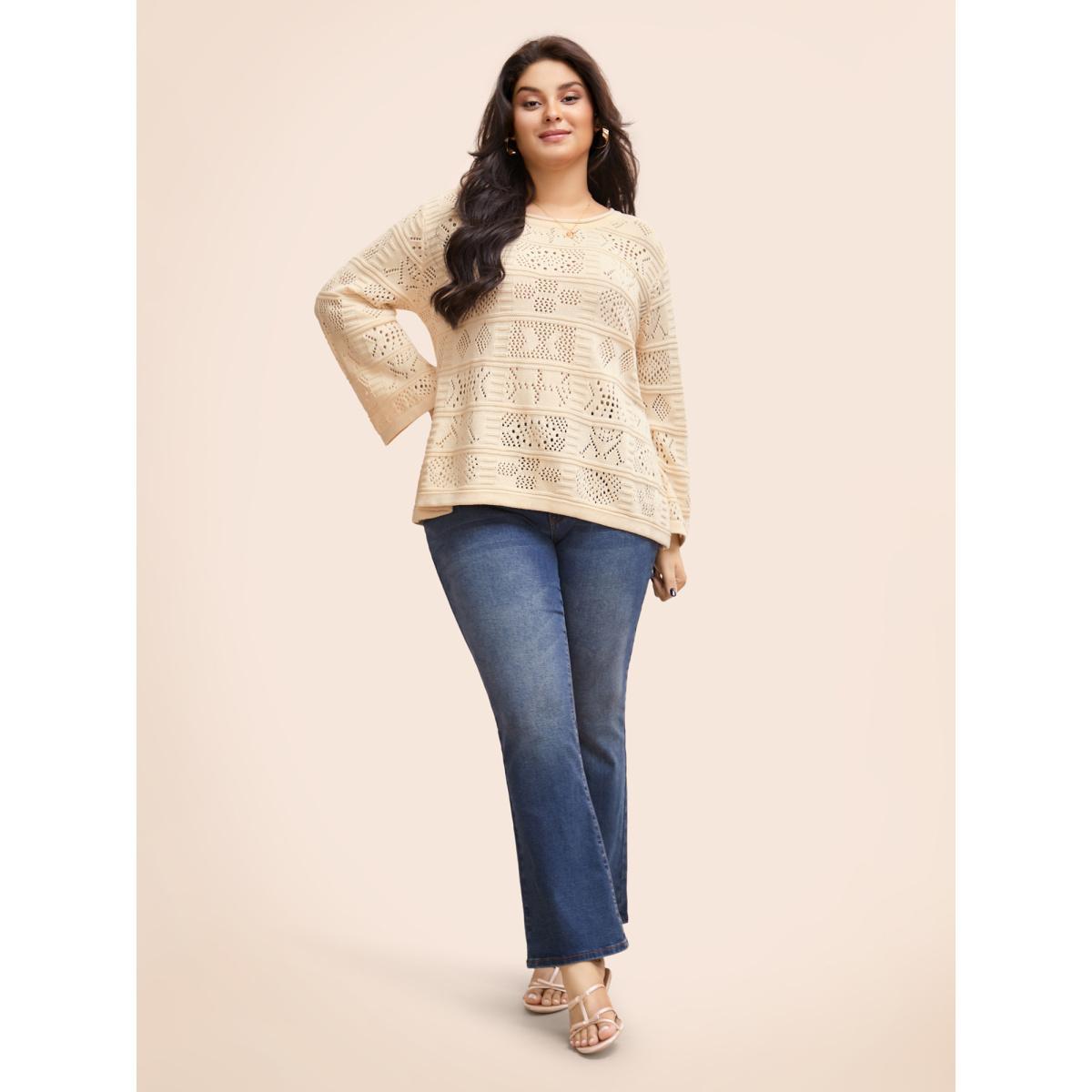 Plus Size Cotton Texture Cut Out Bell Sleeve Pullover Apricot Women Casual Long Sleeve Round Neck Everyday Pullovers BloomChic 18-20/2X Product Image