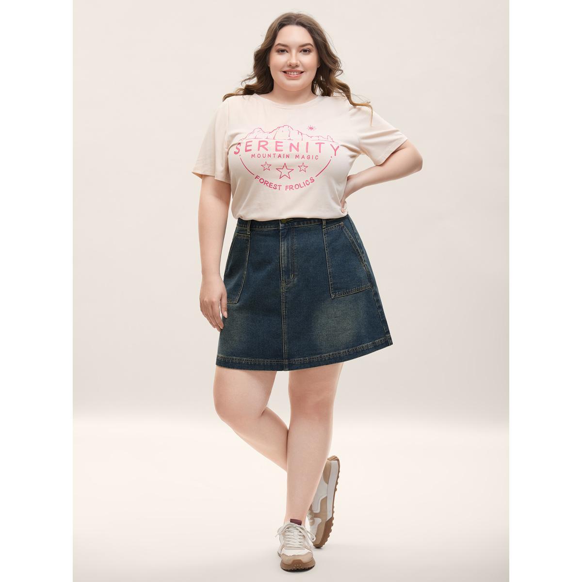 Plus Size A-Line Seamed Denim Skirt Women Bluevintage Everyday-Casual No stretch Medium Wash 22/3X Slanted pocket Denim Skirts BloomChic Product Image