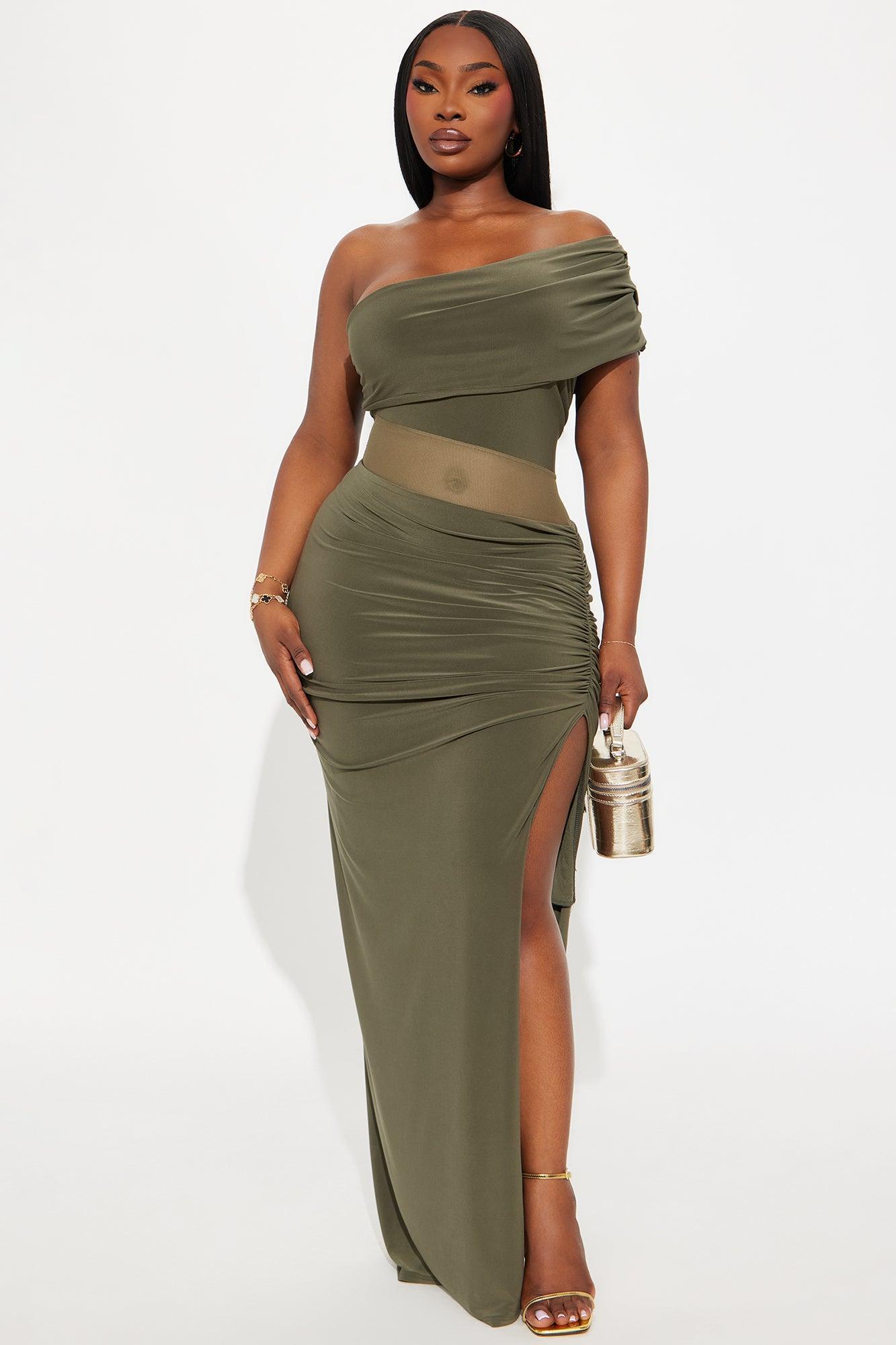 Over It One Shoulder Maxi Dress - Olive Product Image