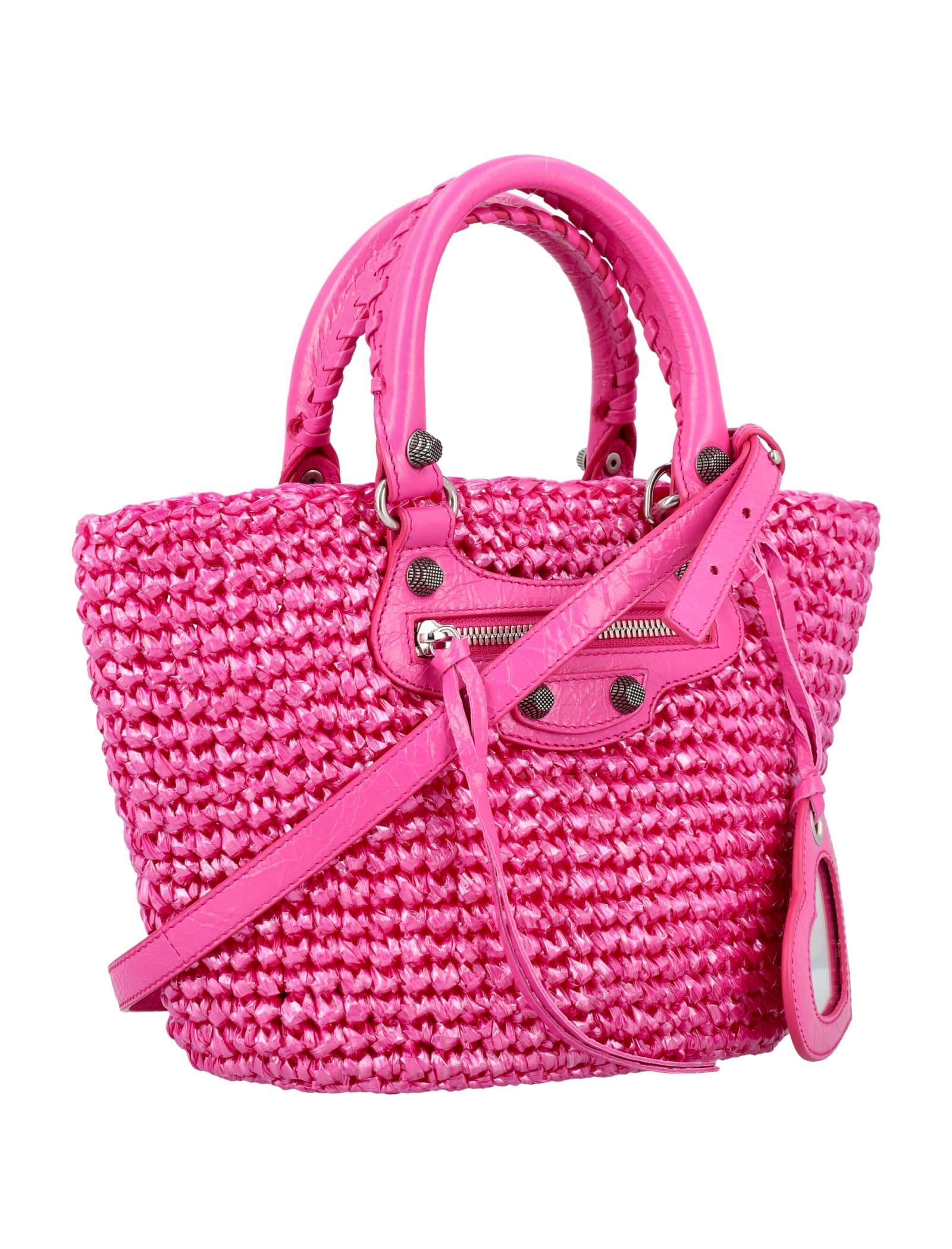 BALENCIAGA Women Fuchsia Raffia Small Le Cagole Panier Handbag In Pink Product Image