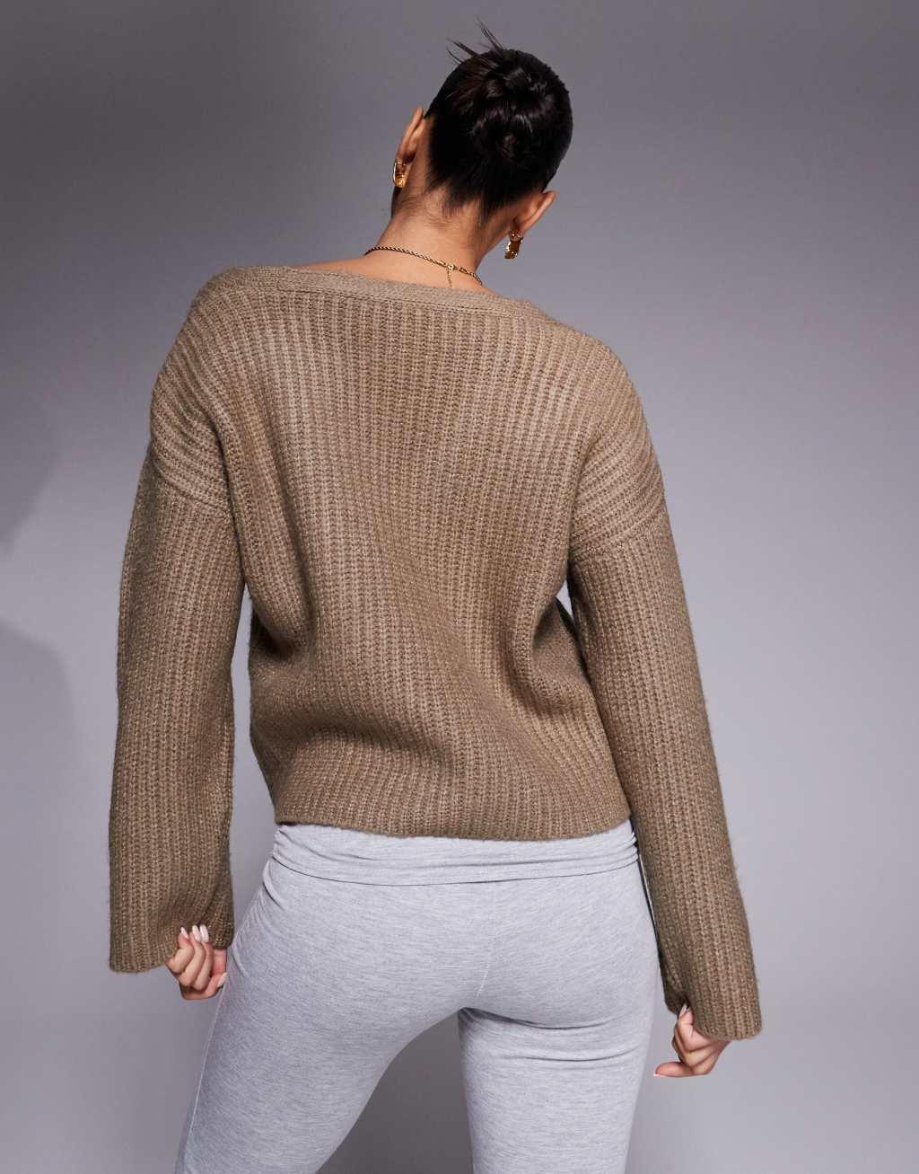 ASOS DESIGN oversized knit V-neck sweater in mocha Product Image