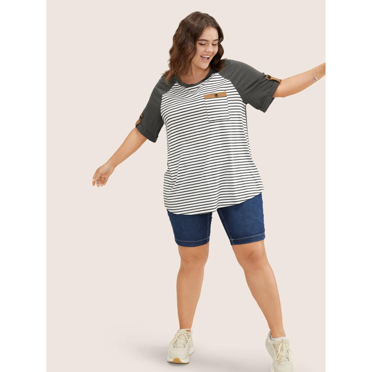 Plus Size Striped Contrast Patched Pocket Roll Raglan Sleeve T-shirt Gray Women Casual Contrast Striped Round Neck Everyday T-shirts BloomChic 28/5X Product Image