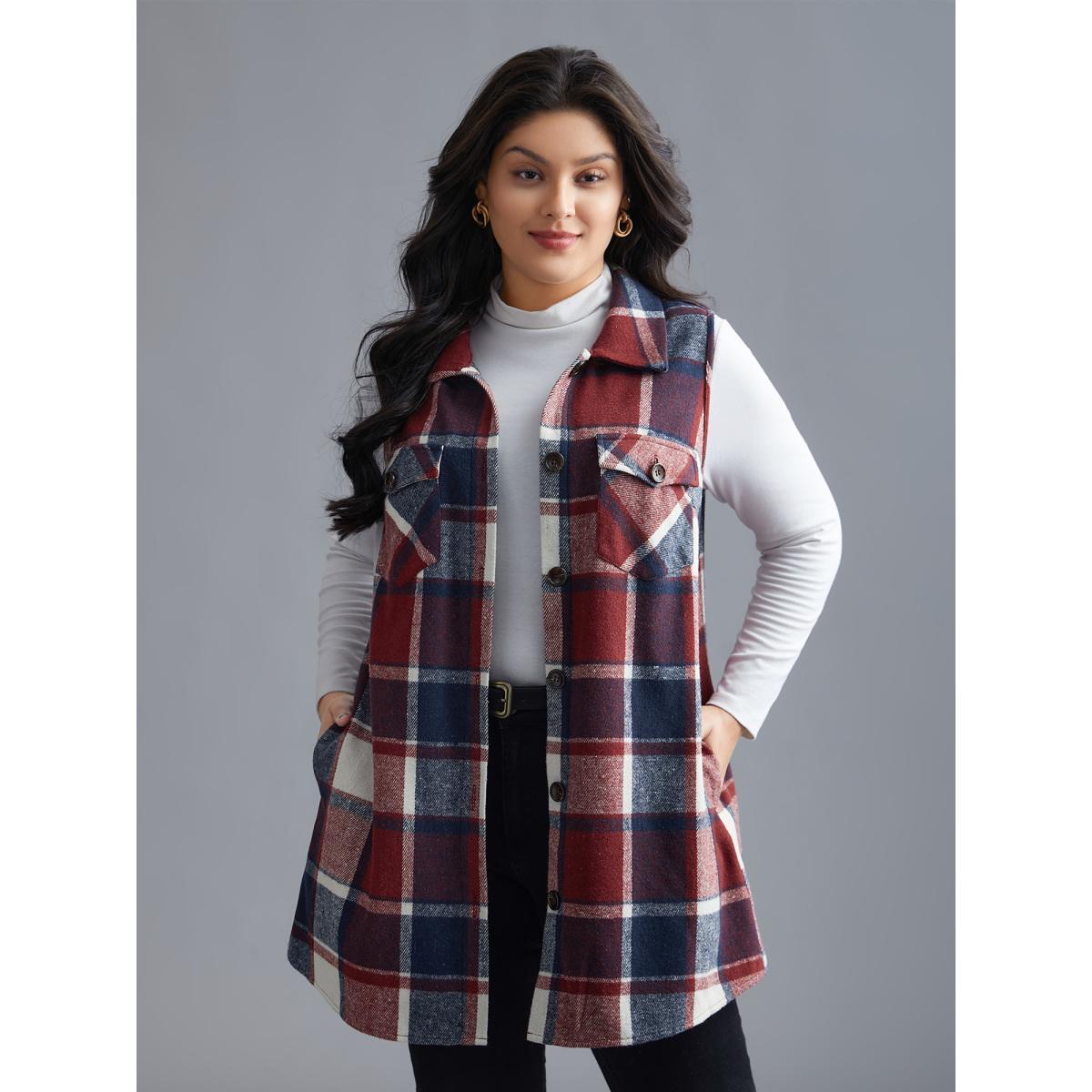 Plus Size Plaid Flap Detail Sleeveless Jacket Women Burgundy Button Side seam pocket Everyday Jackets BloomChic 10/M Product Image