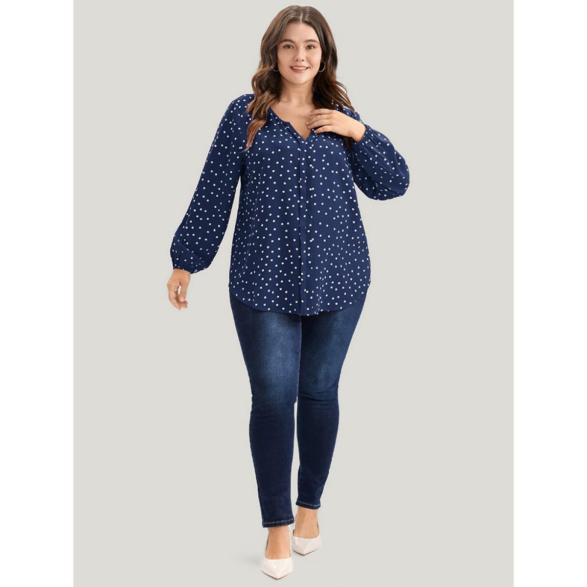 Plus Size Blue Polka Dot Lantern Sleeve Notched Blouse Women Elegant Long Sleeve V-neck Dailywear Blouses BloomChic 30/6X Product Image