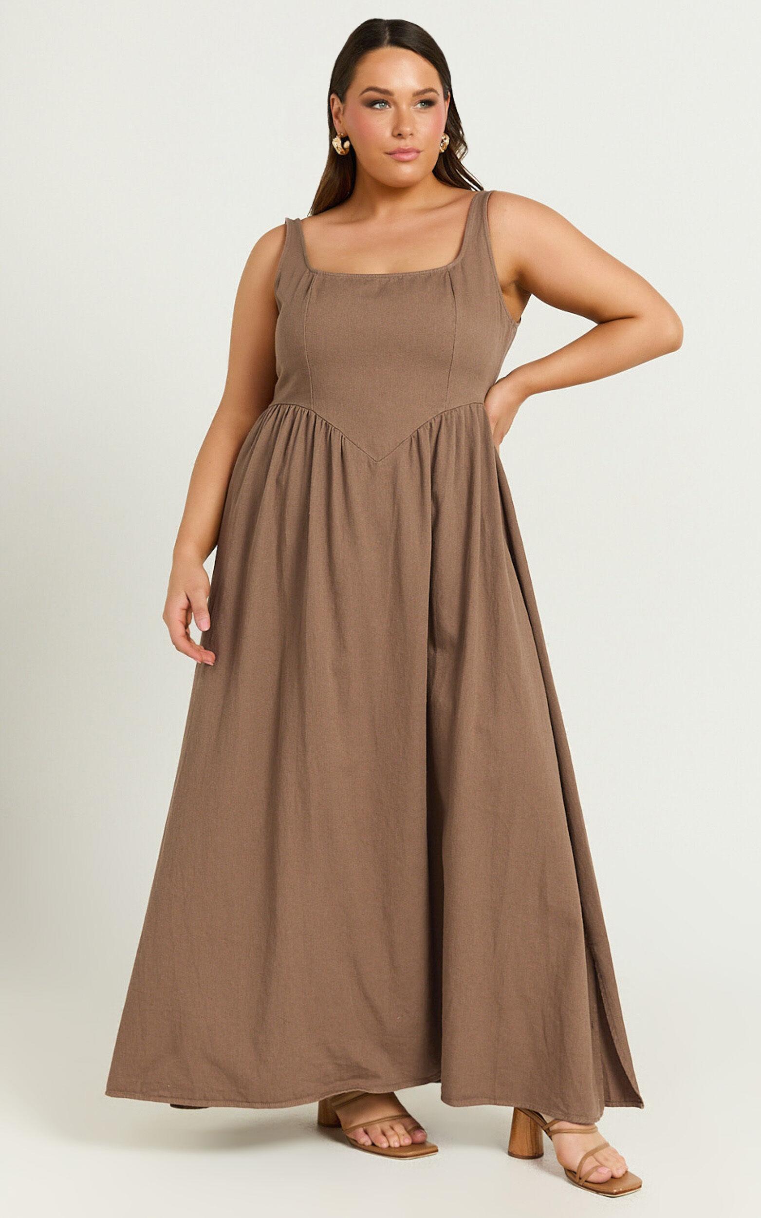 Rhaziya Midi Dress - Sleeveless Straight Neck Fit and Flare Dress in Tobacco Product Image