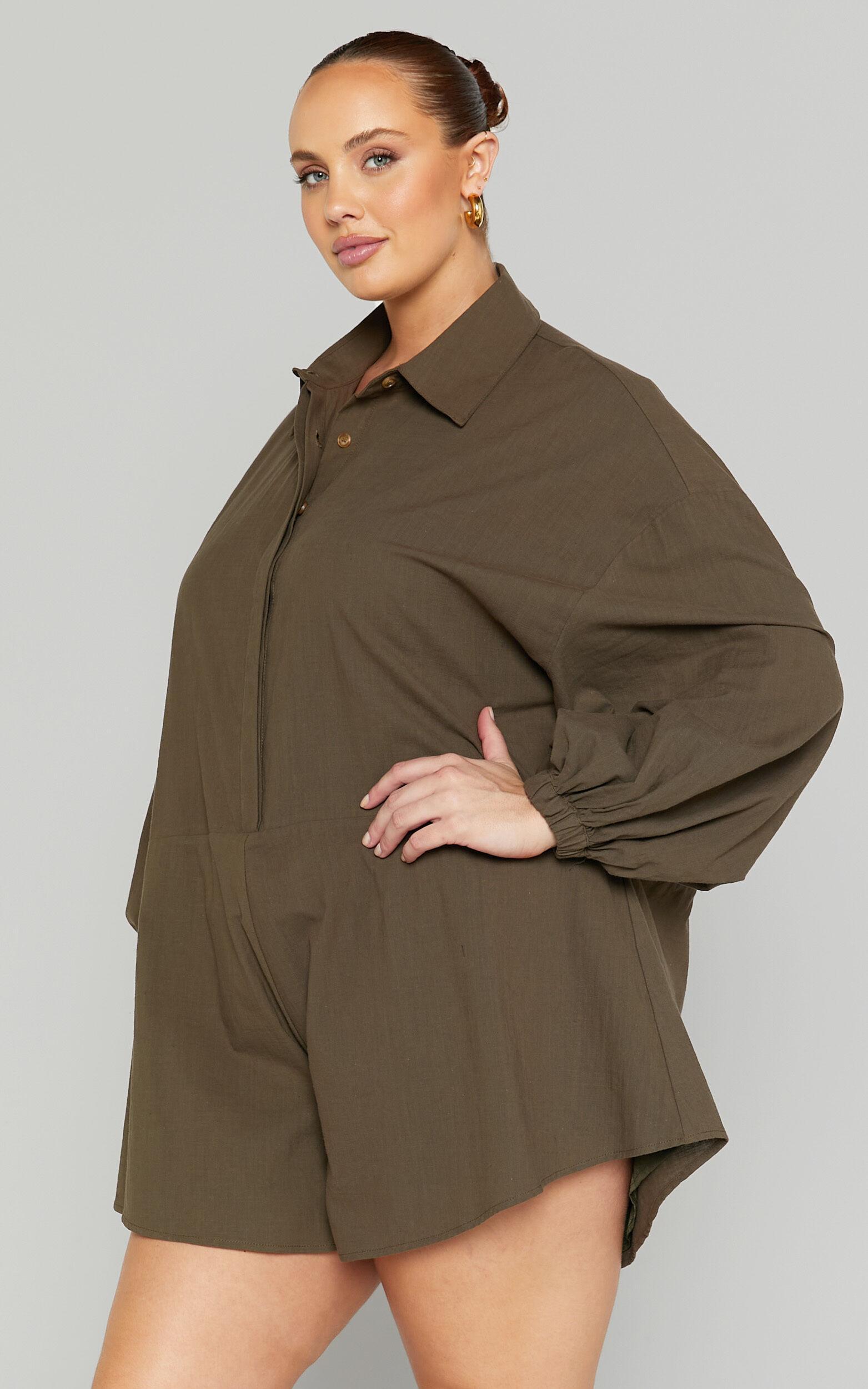Anka Playsuit - Relaxed Button Front Shirt Playsuit in Khaki Product Image