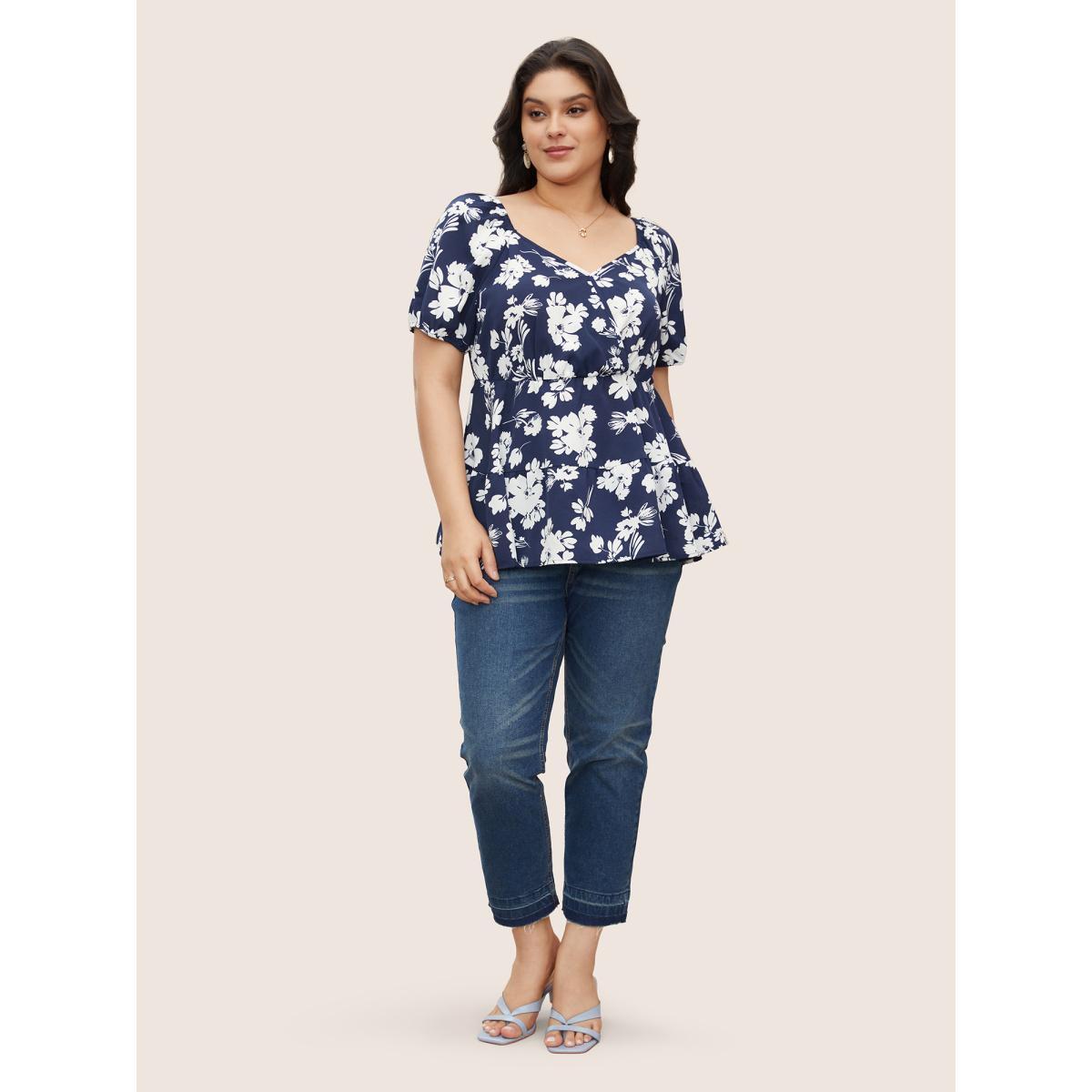 Plus Size Indigo Silhouette Floral Print Surplice Neck Blouse Women Elegant Short sleeve Heart neckline Everyday Blouses BloomChic 12/L Product Image