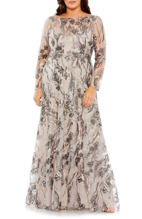 Womens Plus Size Embroidered Long Sleeve A-Line Gown Product Image