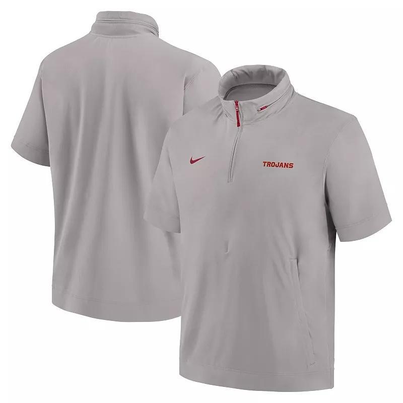 Men's Nike Pewter USC Trojans 2024 Sideline Coach Short Sleeve Half-Zip Hoodie Jacket, Size: Small, Charco Product Image