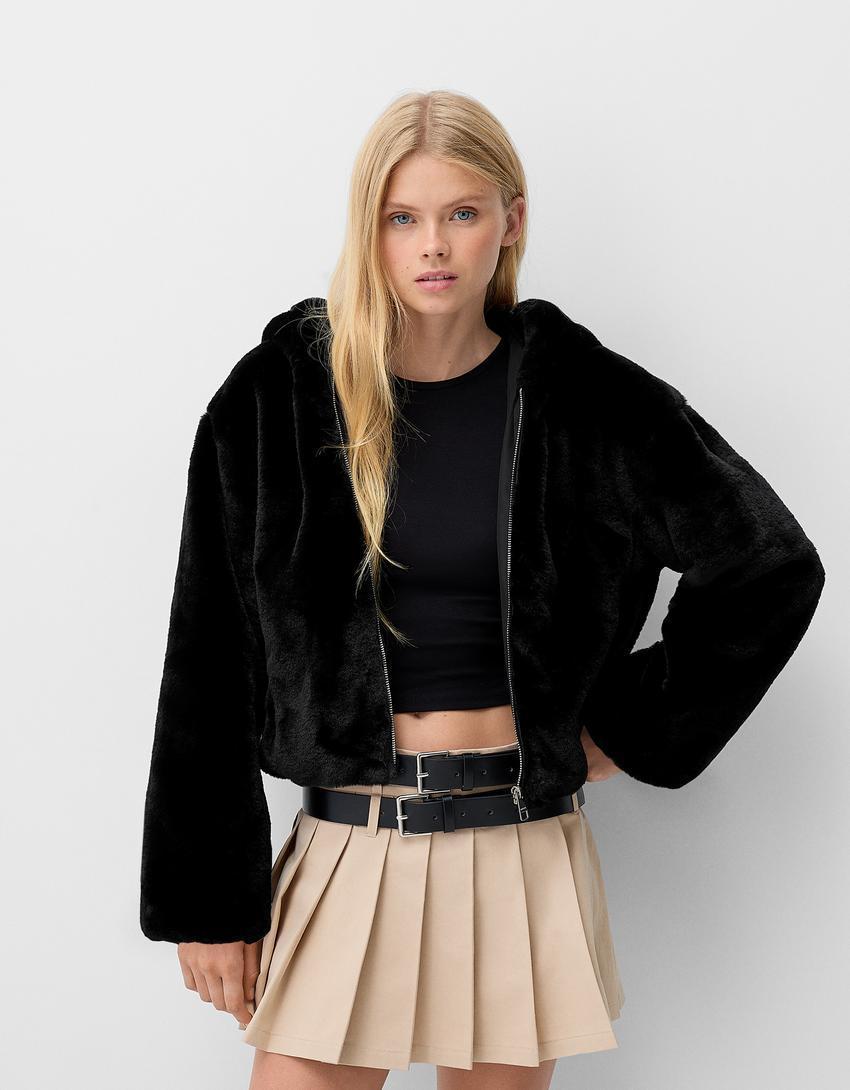 Quilted jacket with faux fur hood Product Image