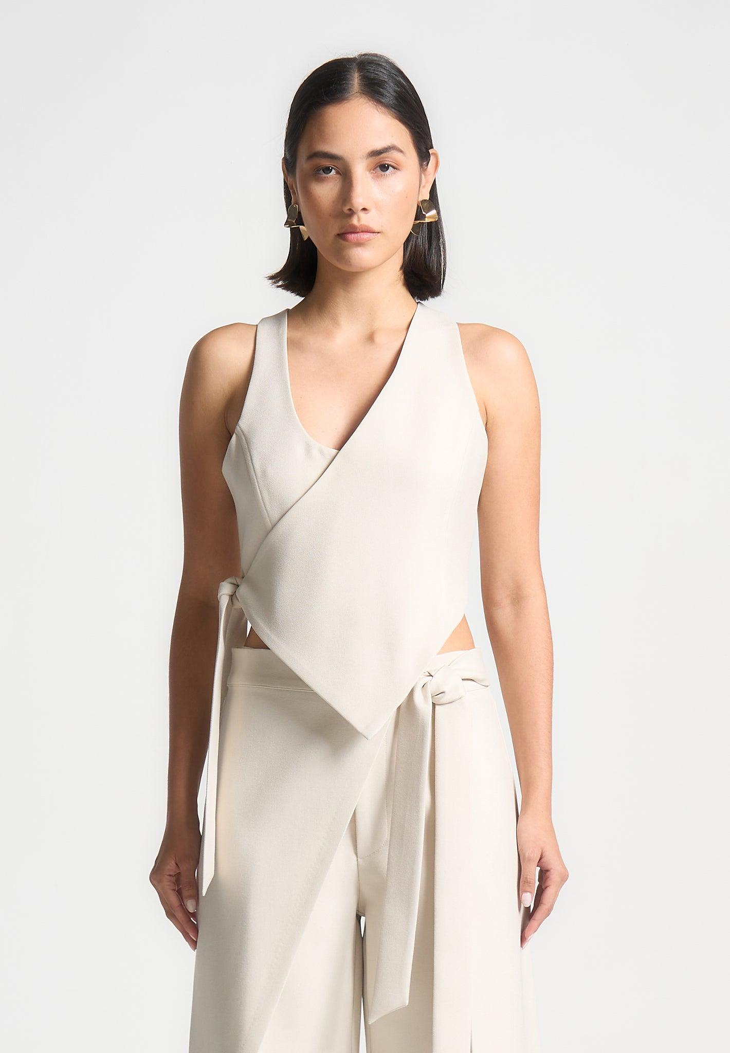 Asymmetric Tailored Waistcoat with Tie - Light Beige Female Product Image
