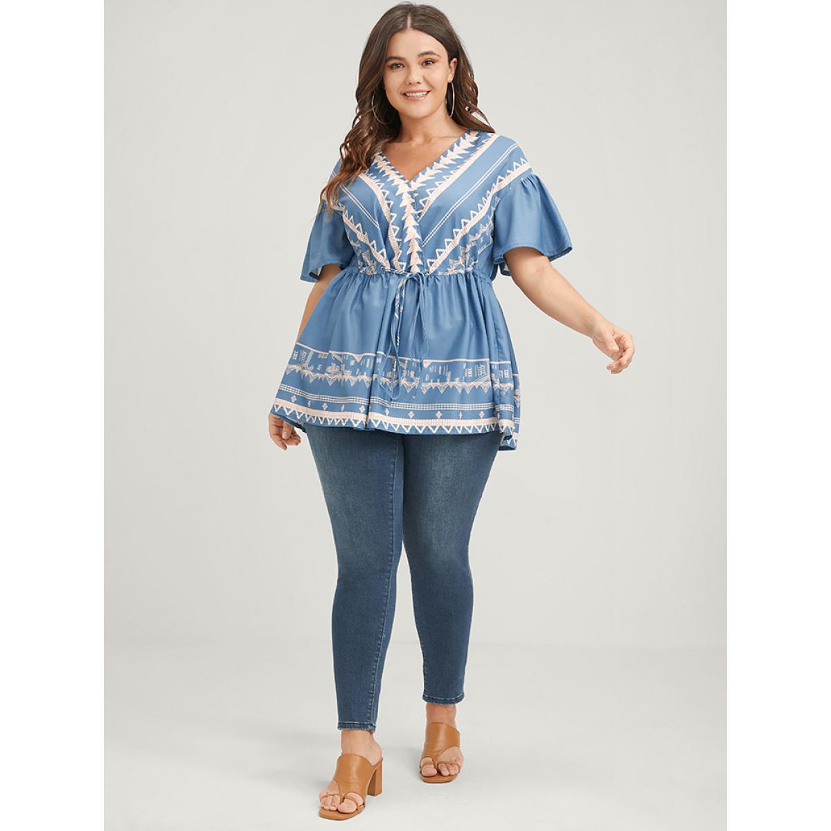 Plus Size LightBlue Bandana Ruffles Button Flutter Ties Wrap Blouse Women Elegant Short sleeve V-neck Dailywear Blouses BloomChic 14-16/1X Product Image