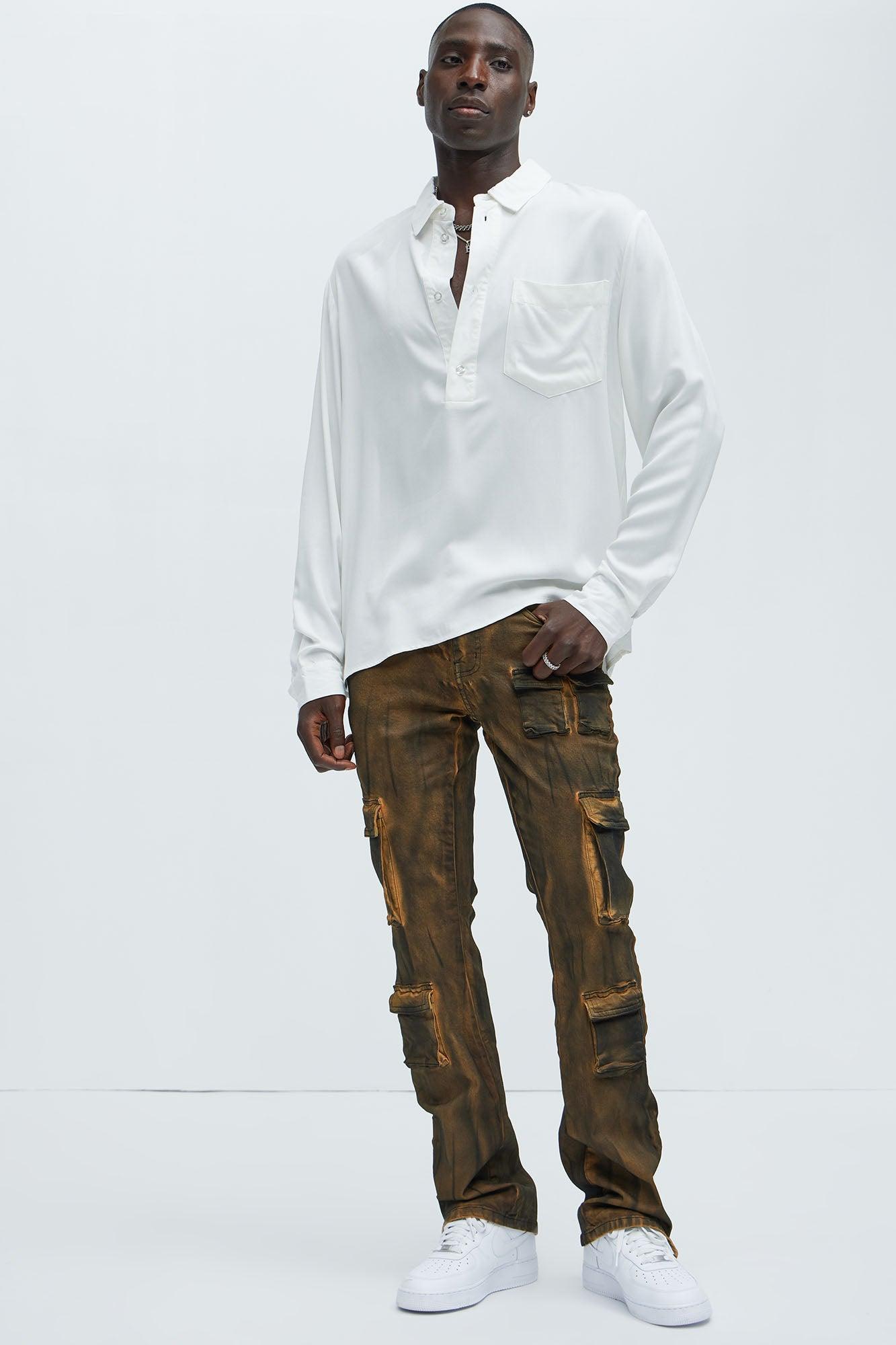Pocket Me Cargo Stacked Skinny Zipper Flare Jeans - Brown Product Image