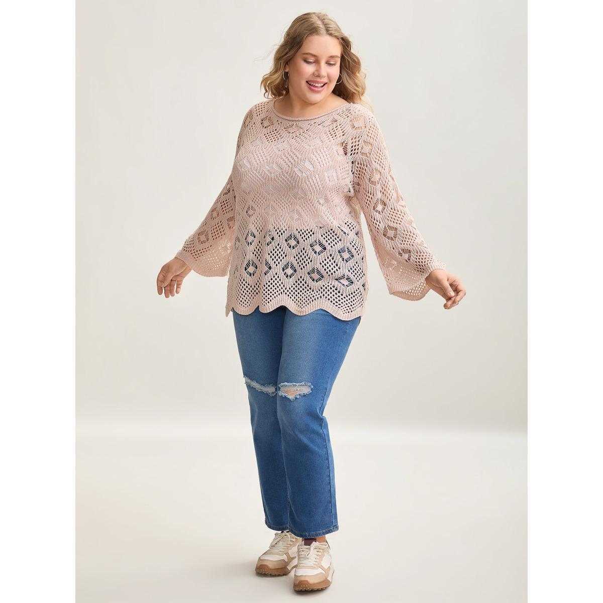 Plus Size Cut Out Textured Feel Pullover MistyRose Women Casual Loose Long Sleeve Round Neck Everyday Pullovers BloomChic 28/5X Product Image