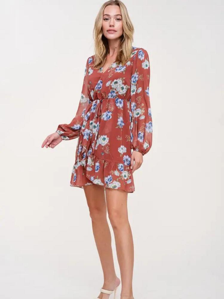Floral Print V Neck Wrap Long Balloon Sleeve Midi Dress Product Image
