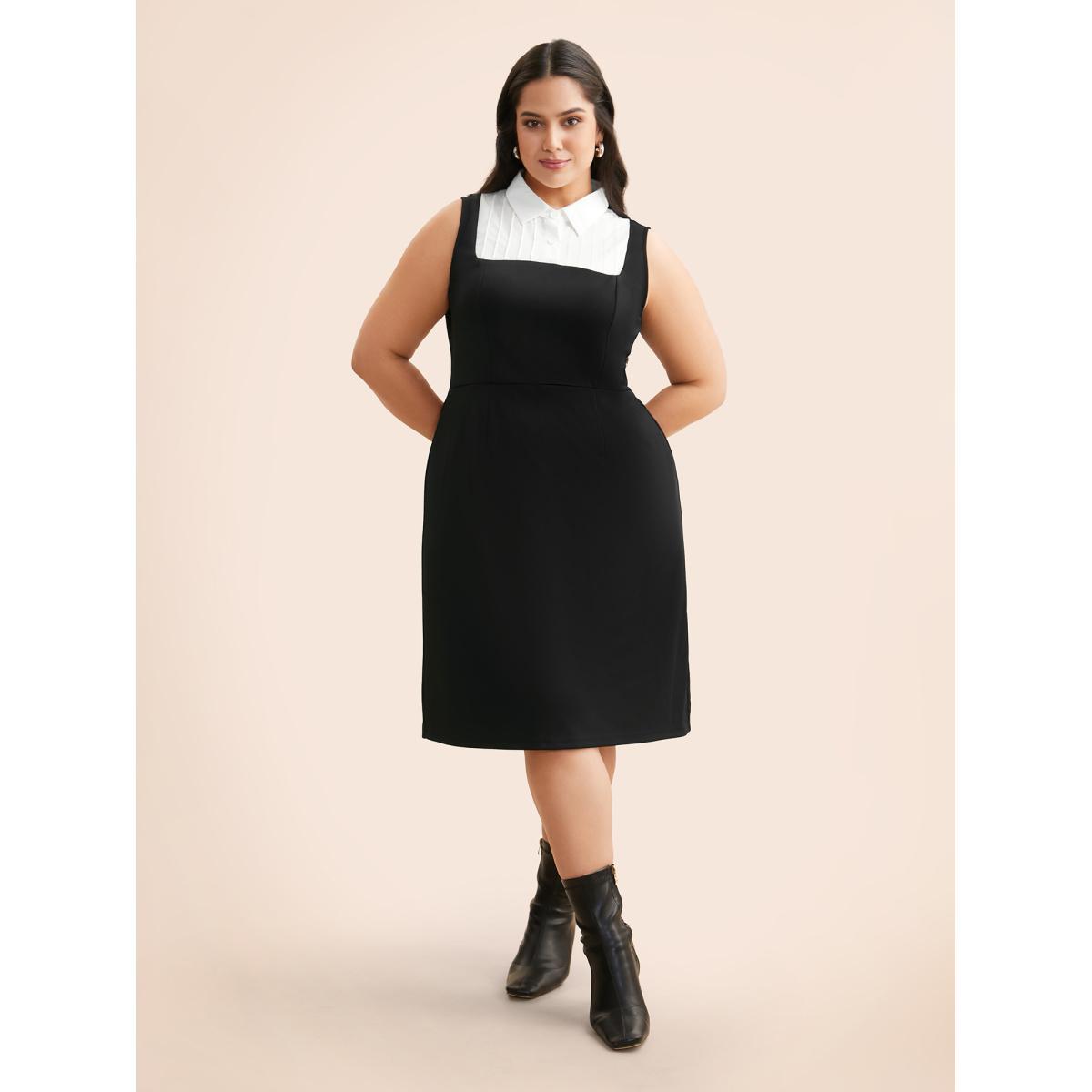 Plus Size Contrast Patchwork Tucked Seam Sleeveless Dress Black Women Elegant Tucked seam Shirt collar Sleeveless Curvy BloomChic 10/M Product Image
