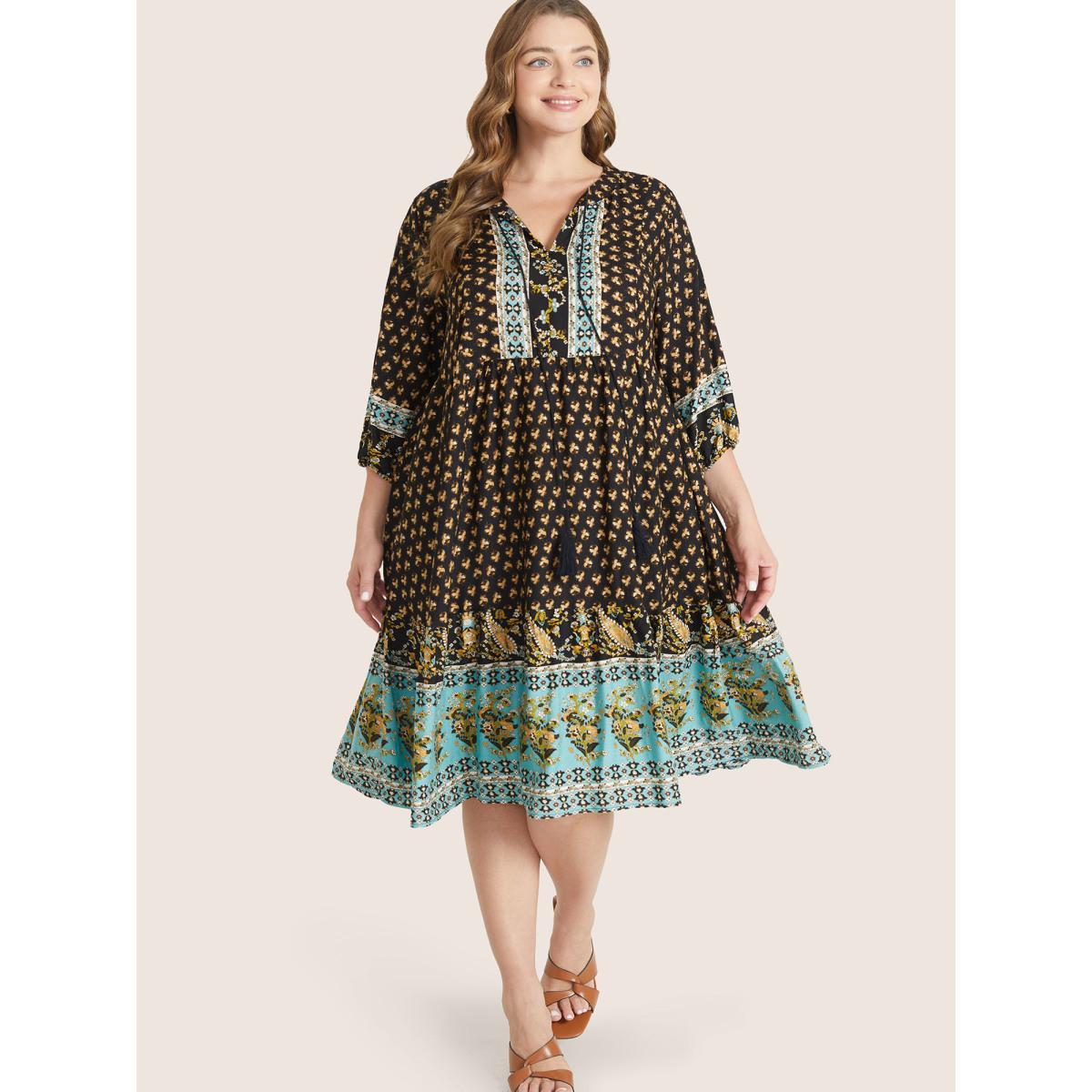 Plus Size Bandana Tassels Lantern Sleeve Ruffle Pocket Keyhole Neck Dress Black Women Resort V-neck Elbow-length sleeve Curvy Midi Dress BloomChic 26/4X Product Image