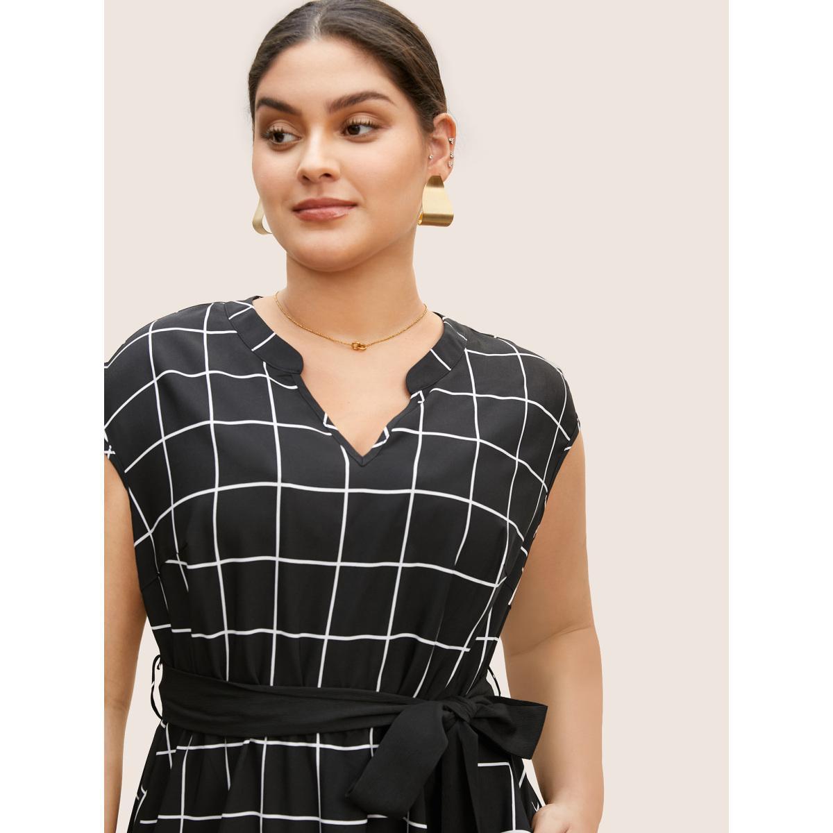 Plus Size Plaid Notched Belted Cap Sleeve Midi Dress Black Women Work From Home Belted Flat collar with V-notch Cap Sleeve Curvy BloomChic 26/4X Product Image