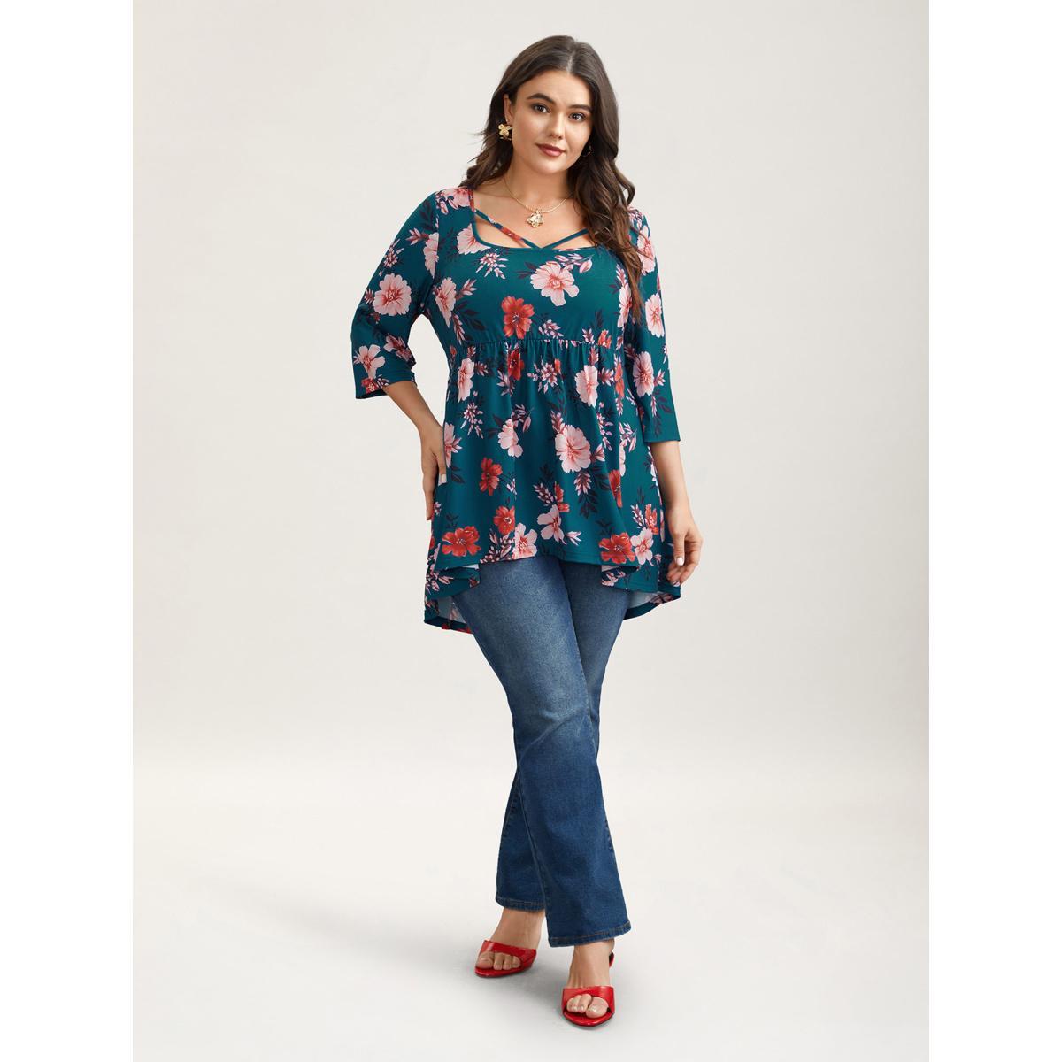Plus Size Floral Print Neck Cut-Out Babydoll Top Multicolor Women Elegant Gathered Natural Flowers Square Neck Bodycon Everyday T-shirts BloomChic 18-20/2X Product Image