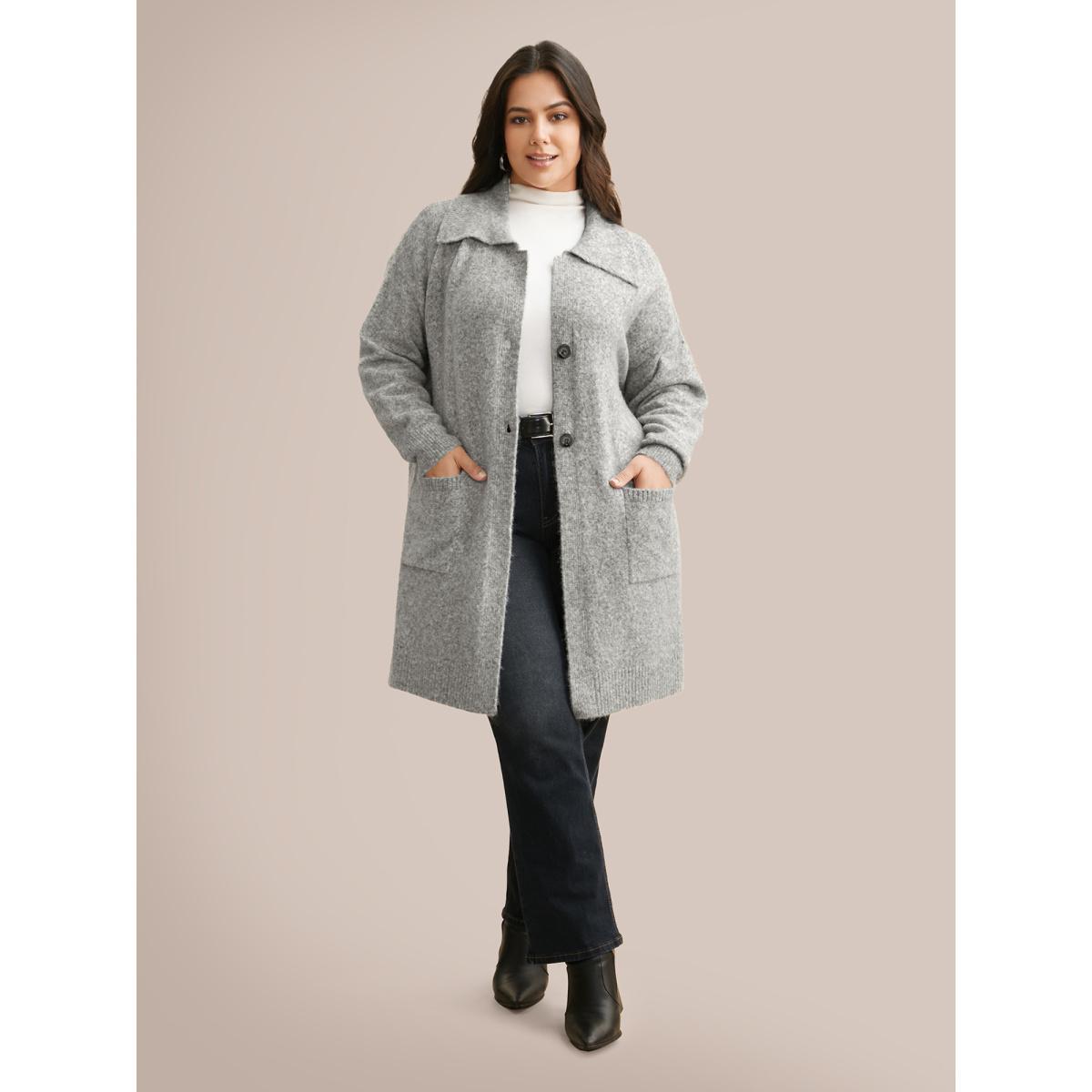 Plus Size Airy Cozy Lapel Collar Pocket Wool Cardigan LightGray Women Casual Loose Long Sleeve Everyday Cardigans BloomChic 14-16/1X Product Image