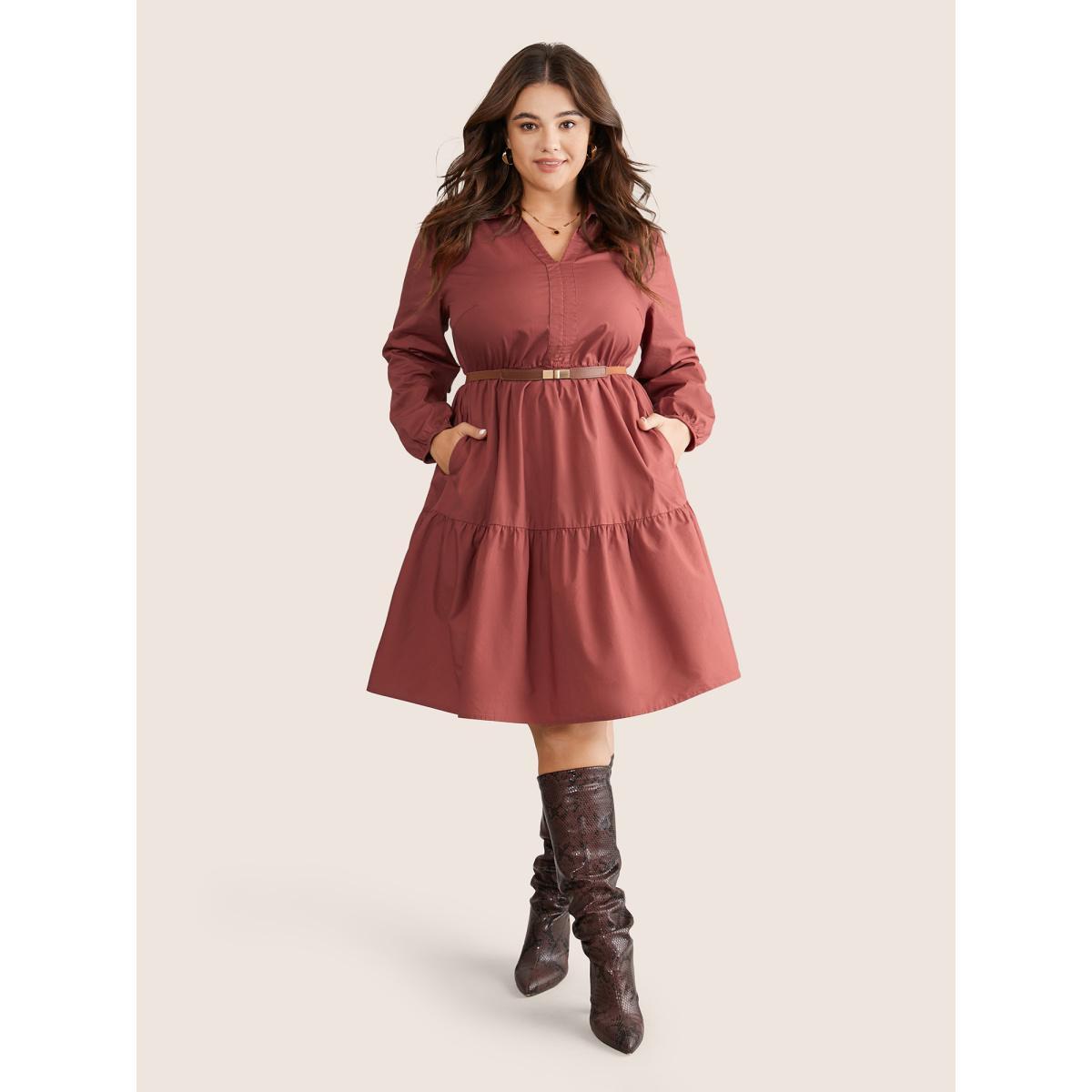 Plus Size Lapel Collar Gathered Pocket Lantern Sleeve Dress Russet Women Casual Gathered Lapel Collar Long Sleeve Curvy Knee Dress BloomChic 28/5X Product Image