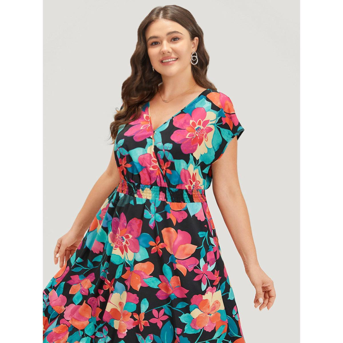 Plus Size Floral Shirred Overlap Collar Batwing Sleeve Dress Black Women Elegant Wrap V-neck Cap Sleeve Curvy Midi Dress BloomChic 22-24/3X Product Image