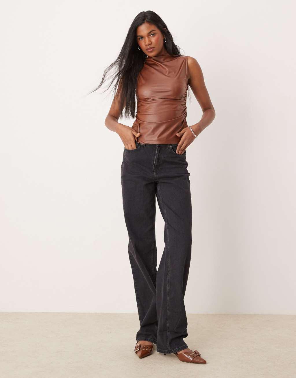 ASOS DESIGN wetlook ruched high neck top in chocolate - part of a set Product Image