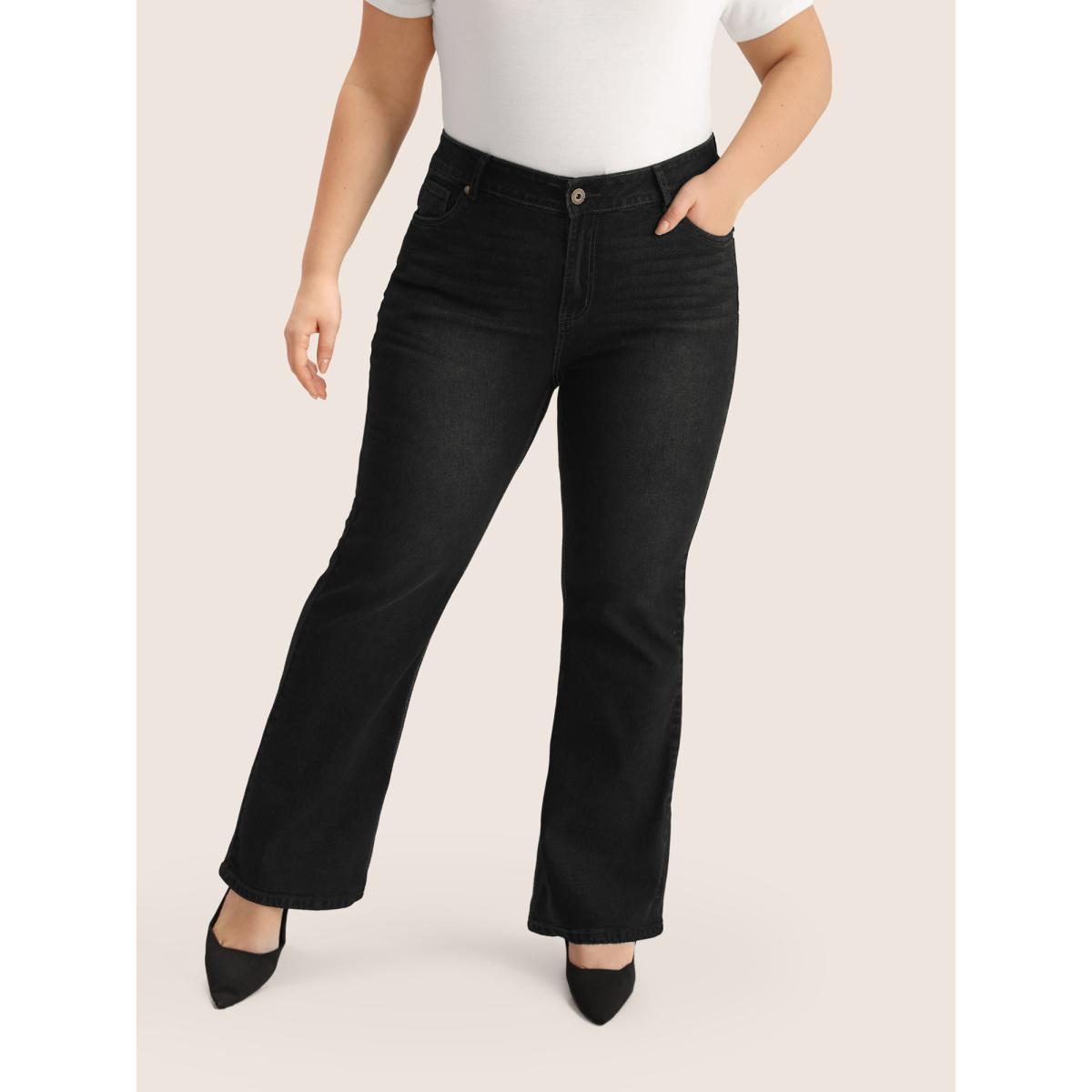 Plus Size Plain Bootcut Pocket Zipper Fly Jeans Women Black Casual Plain Non High stretch Slanted pocket Jeans BloomChic 14/1X Product Image