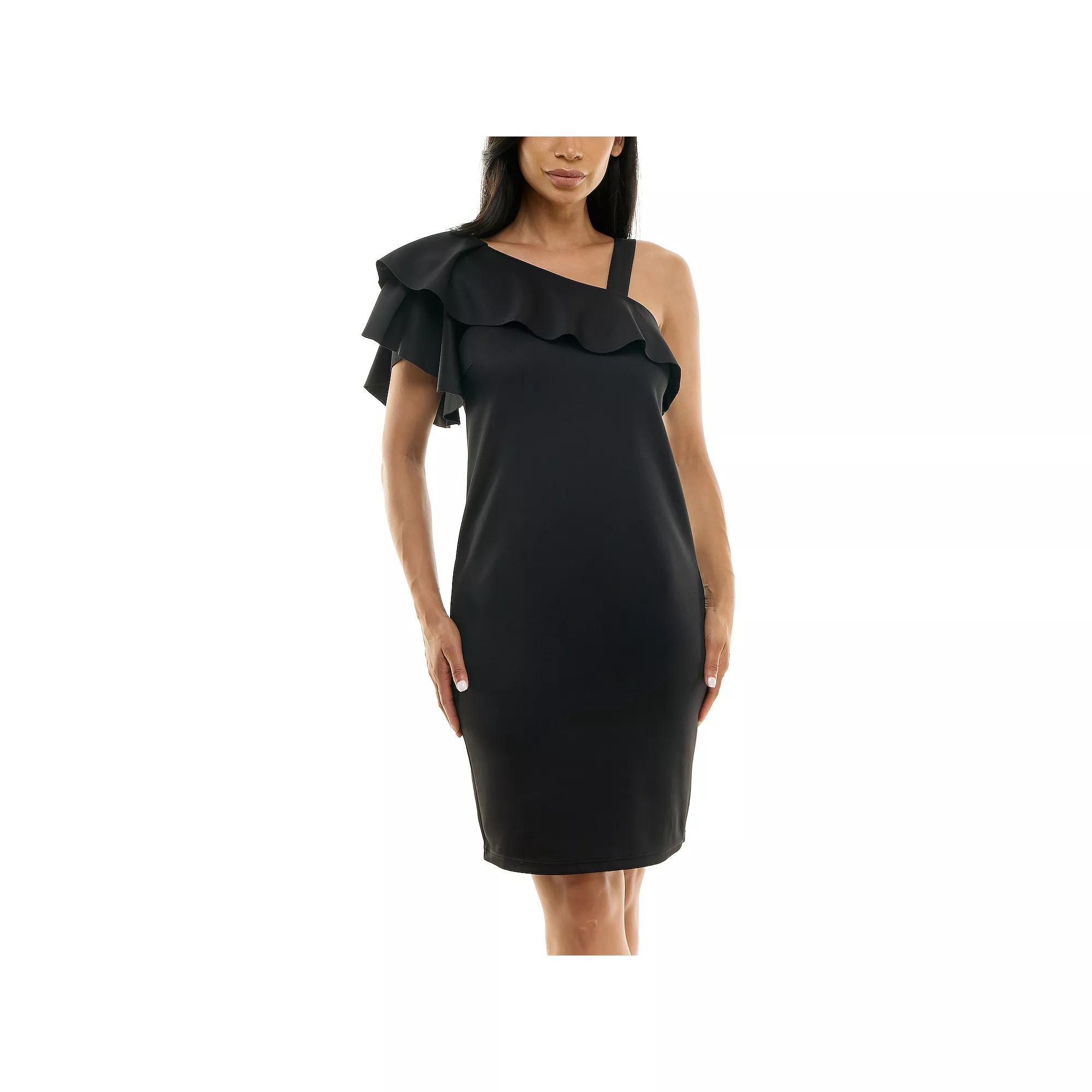 Women's Nina Leonard One-Shoulder Ruffled Dress, Size: Large, Black Product Image